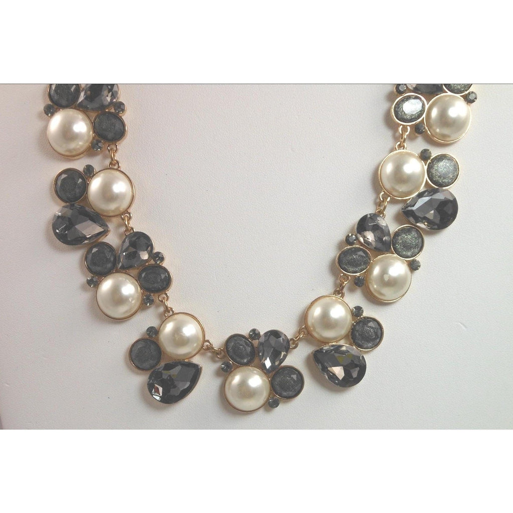 Elegant Vintage Faux Pearl Necklace with Gold and Grey Accents Statement Jewelry - HoneyThomas.com