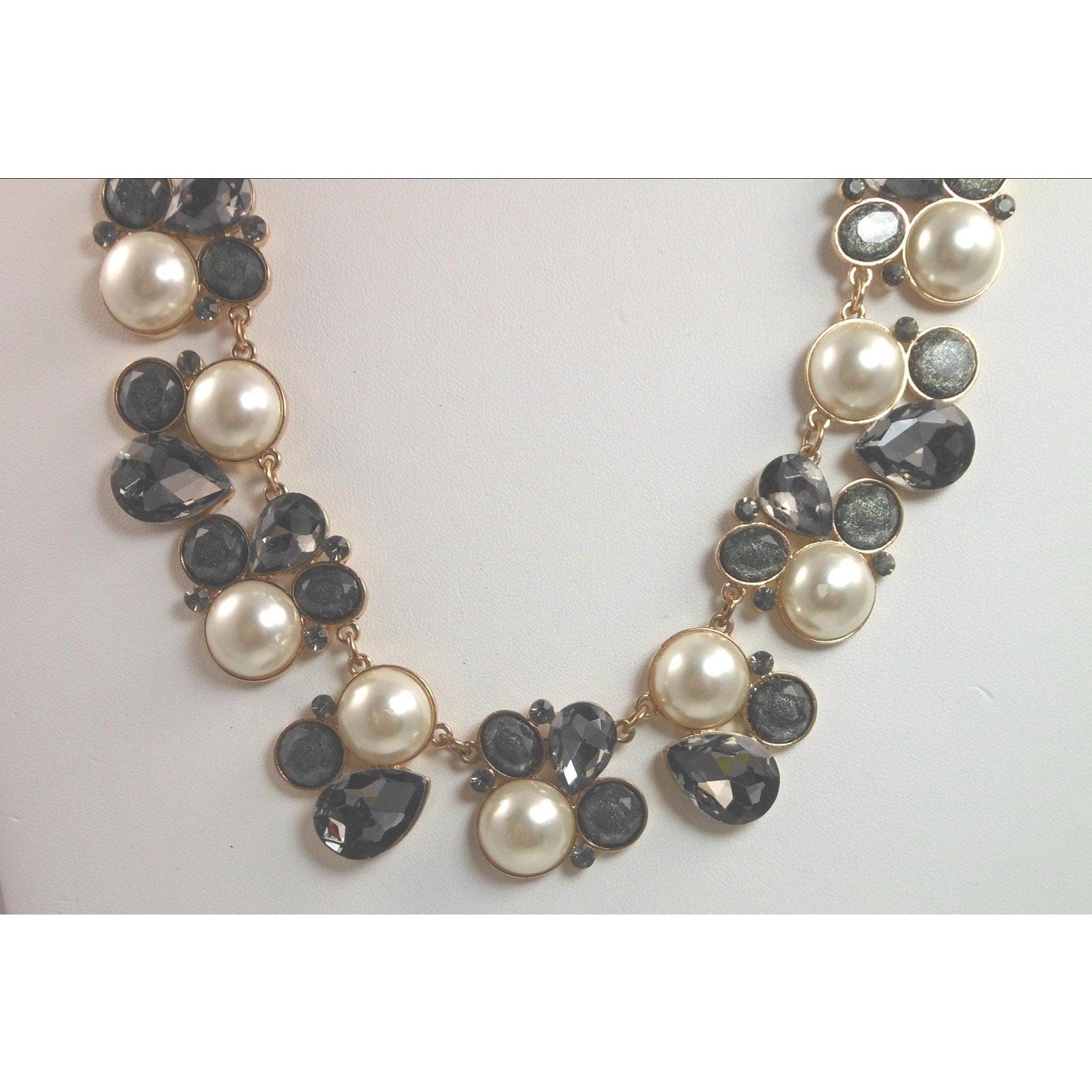 Elegant Vintage Faux Pearl Necklace with Gold and Grey Accents Statement Jewelry - HoneyThomas.com