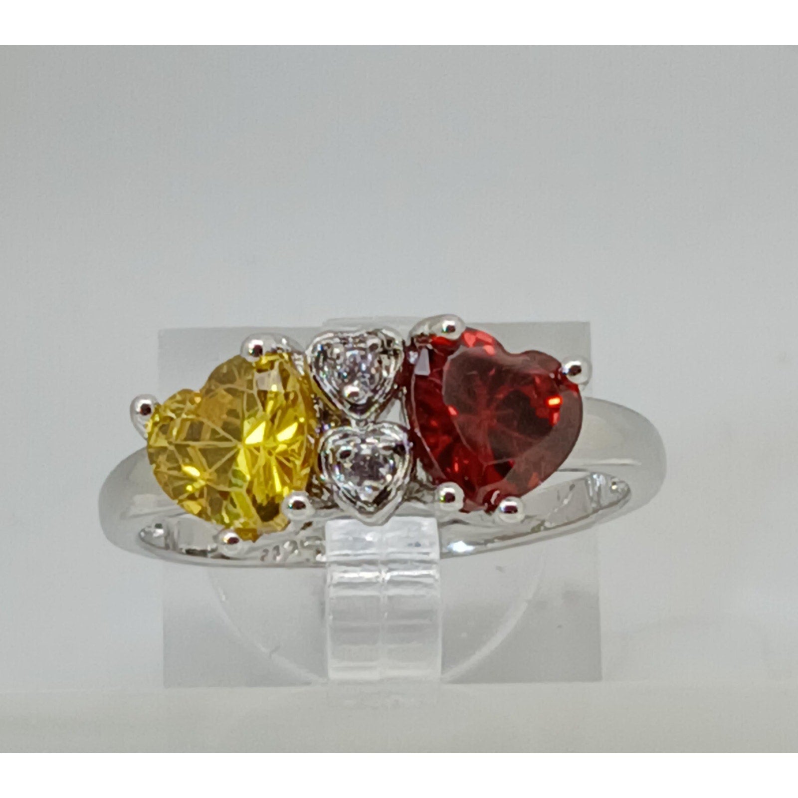 Vintage Ring Size 10.5 Silver Tone White Gold Plated Purple Yellow CZ Hearts