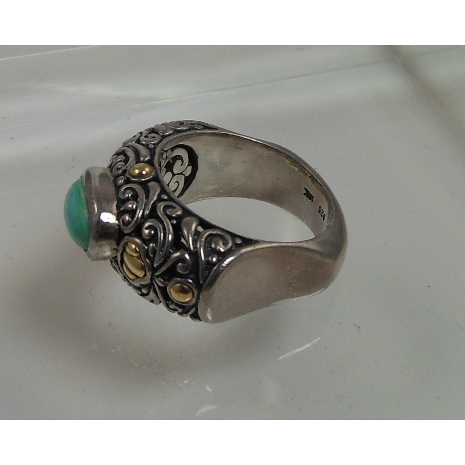 Elegant Vintage Turquoise Ring Sterling Silver 18K Gold Handmade Designer Size 8 - HoneyThomas.com