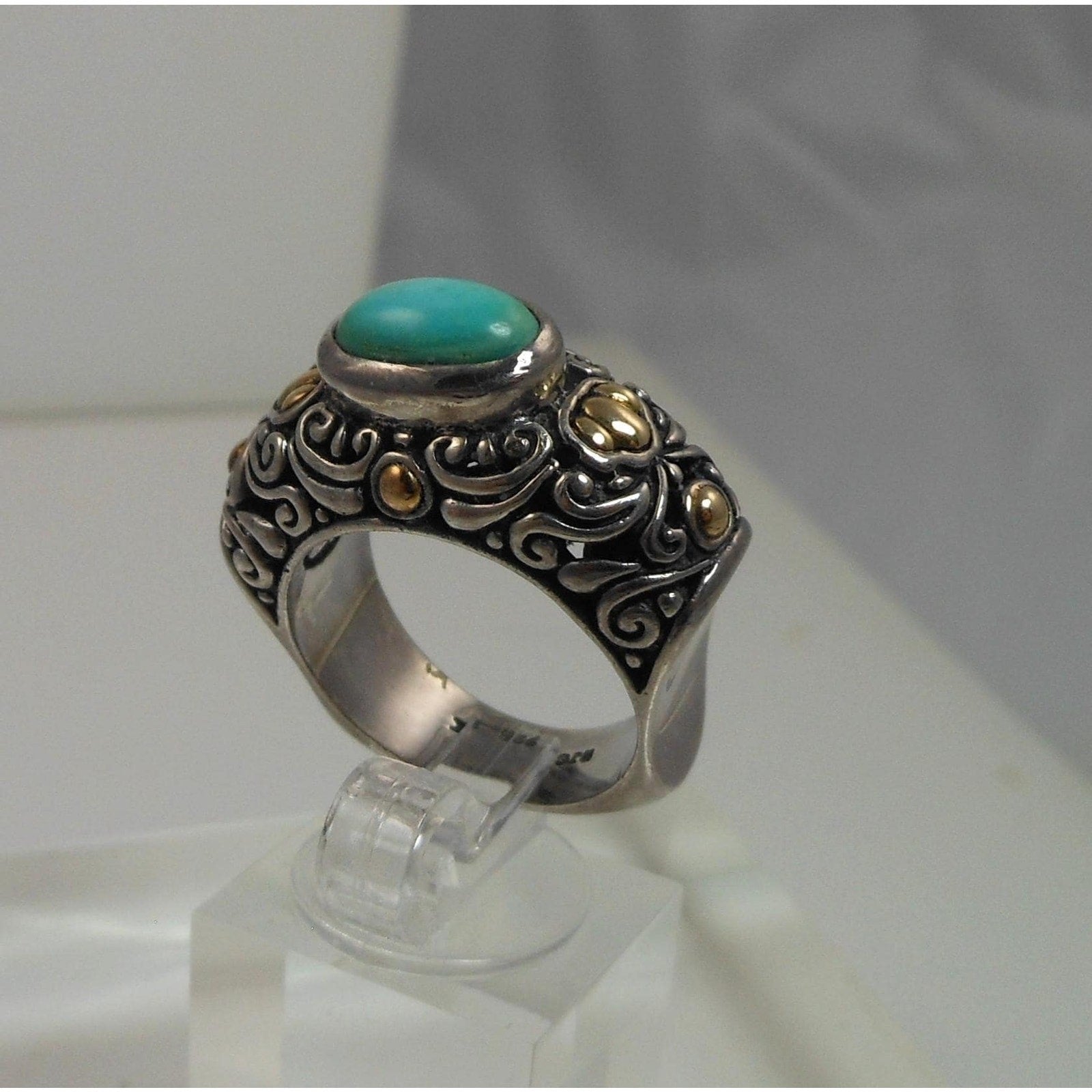 Elegant Vintage Turquoise Ring Sterling Silver 18K Gold Handmade Designer Size 8 - HoneyThomas.com
