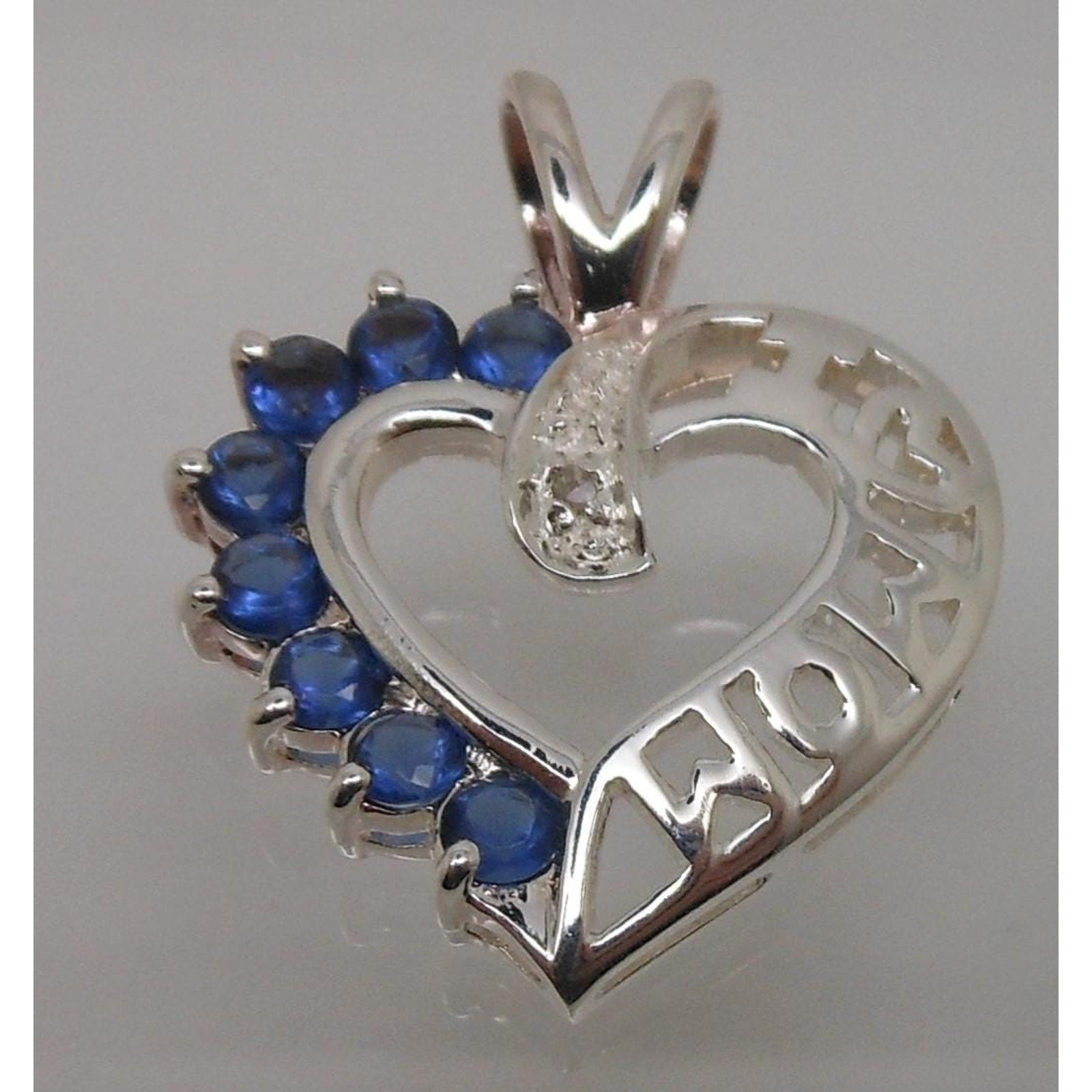 Vintage 1990's Beautiful Sterling Silver I Love Mom Necklace Pendant Sapphire CZ - HoneyThomas.com