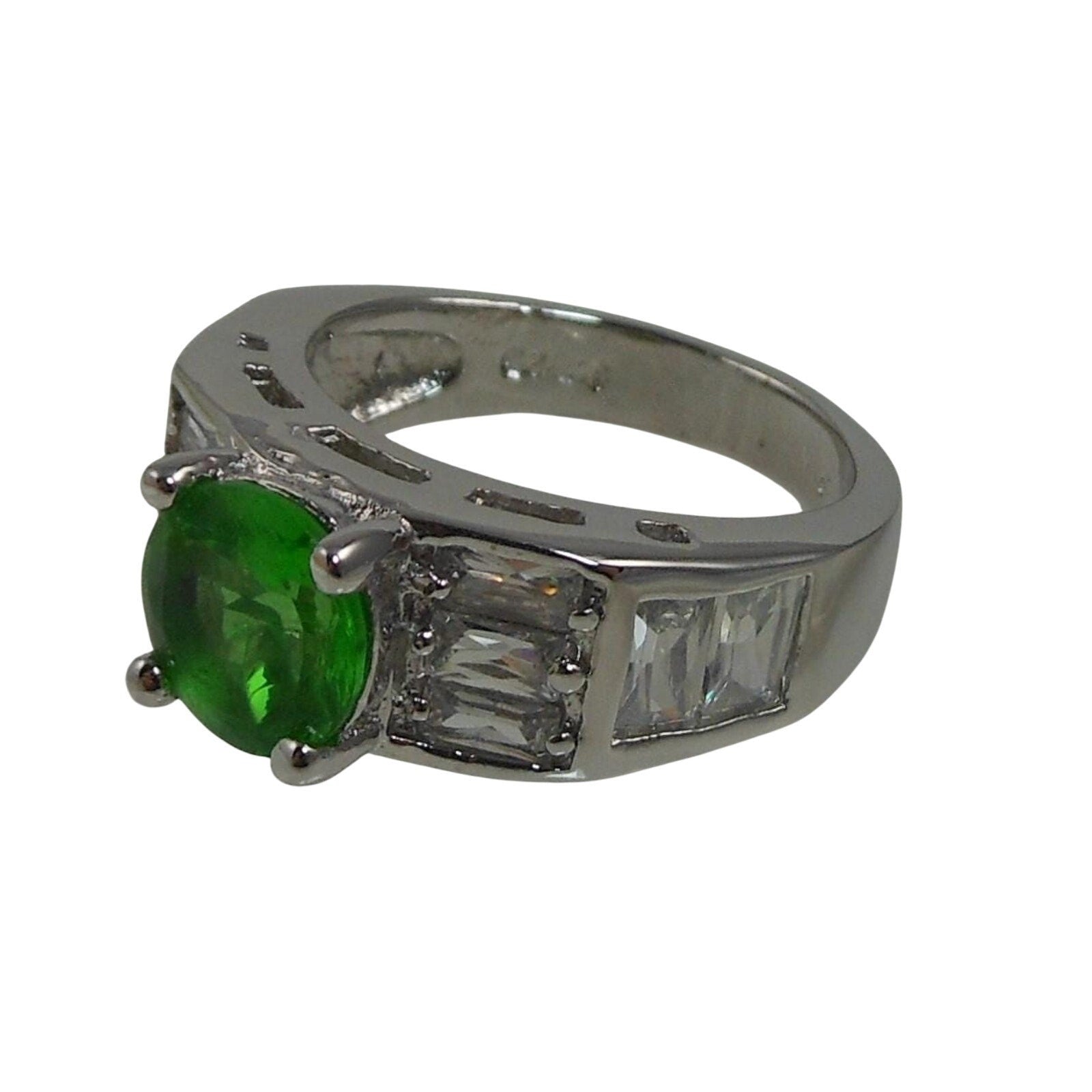 Vintage Sterling Silver Simulated Diamond Emerald Engagement Wedding Ring Band 7 - HoneyThomas.com