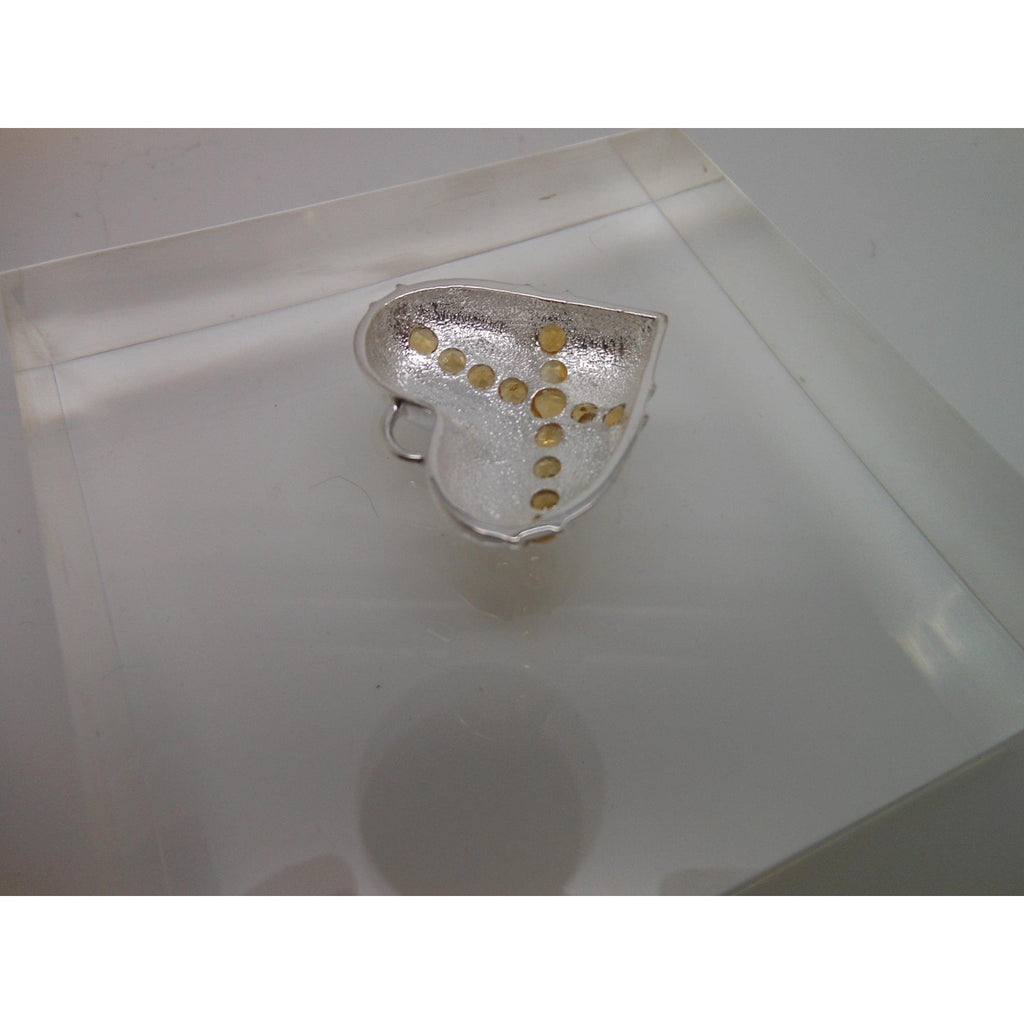 1990s Vintage Citrine Sterling Silver Gemstone Necklace Puff Heart Pendant Boxed - HoneyThomas.com