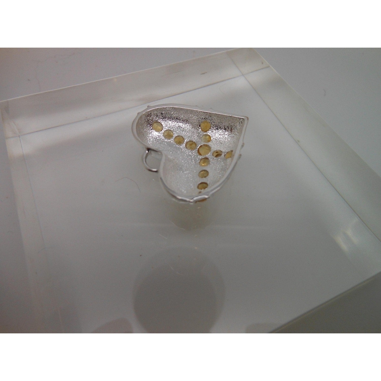 1990s Vintage Citrine Sterling Silver Gemstone Necklace Puff Heart Pendant Boxed - HoneyThomas.com