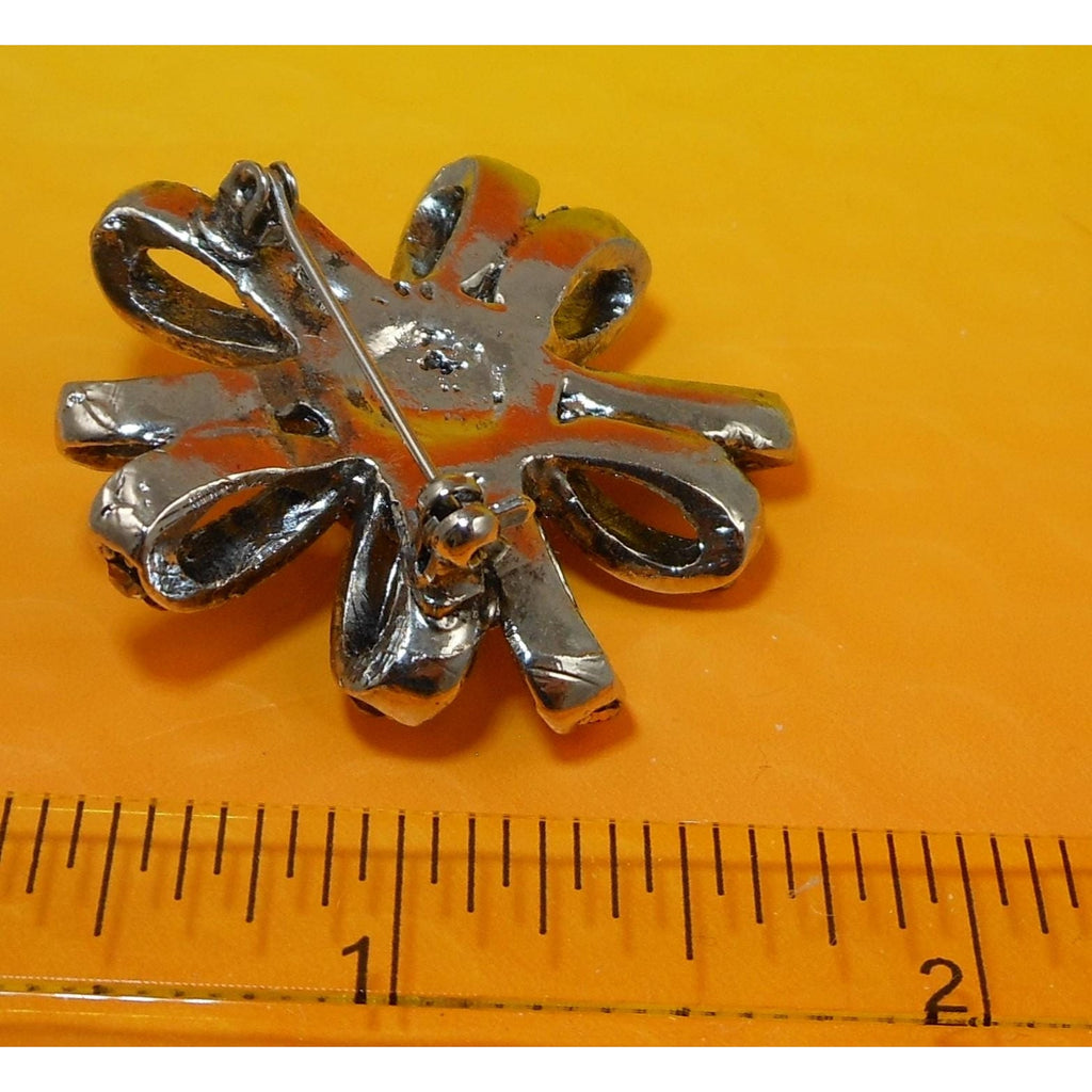 Vintage Amber Topaz AB Flower Ribbon Crystal Rhinestone Silver tone Pin Brooch