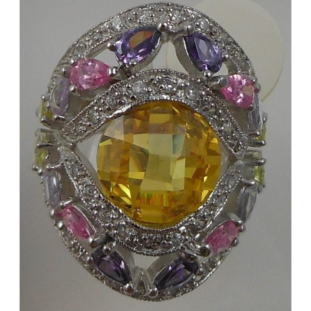 Vintage 1990's CZ Cocktail Statement Ring Simulated Canary Diamond Pink Sapphire - HoneyThomas.com