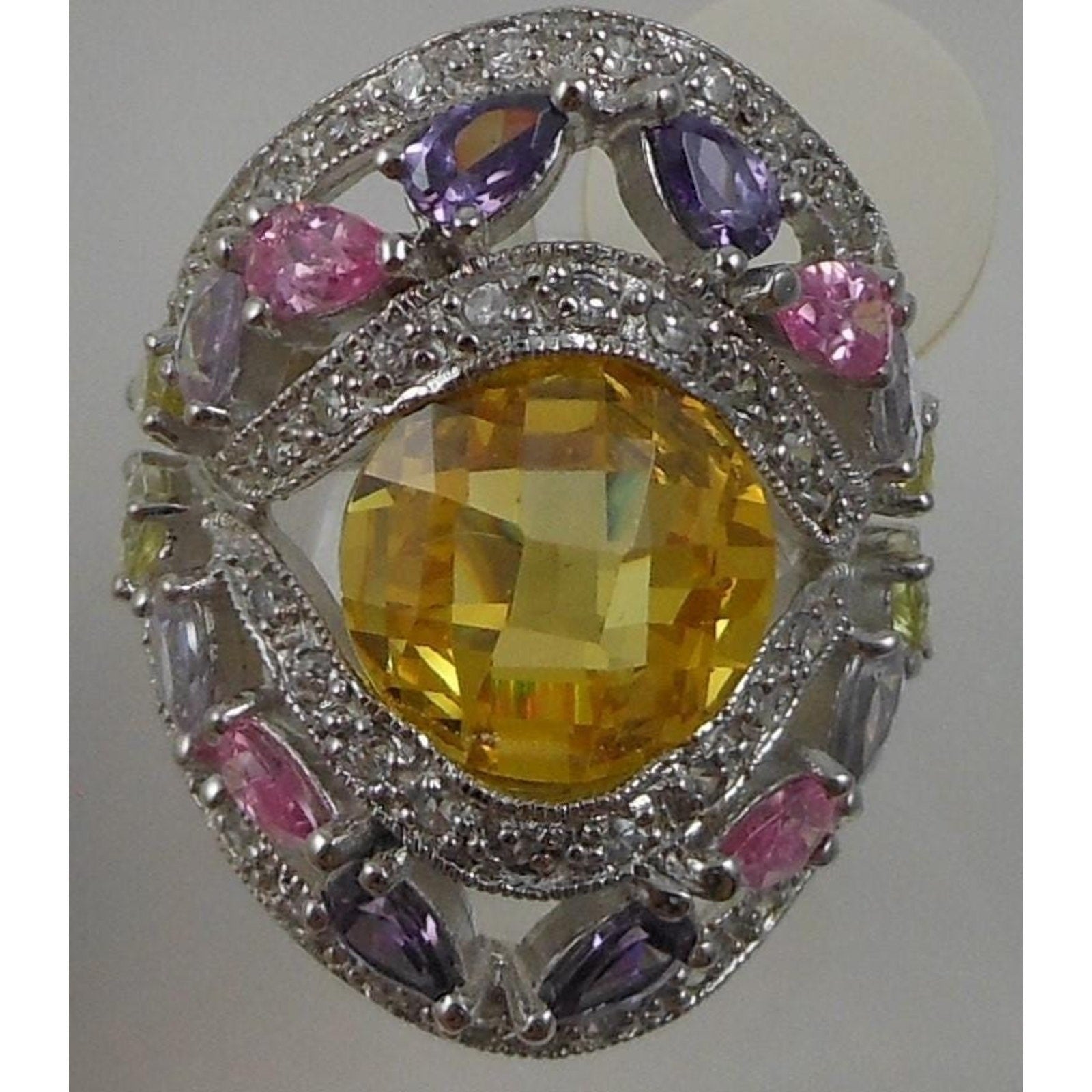 Vintage 1990's CZ Cocktail Statement Ring Simulated Canary Diamond Pink Sapphire - HoneyThomas.com