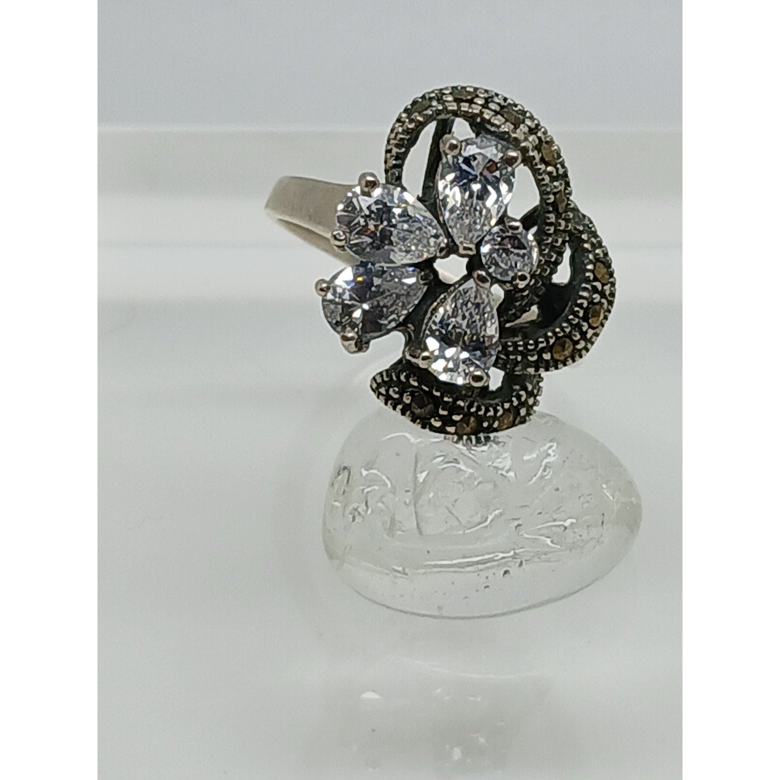 1990's Vintage Antique-Style Marcasite Sterling Silver Diamond CZ Size Ring 8.5 - HoneyThomas.com