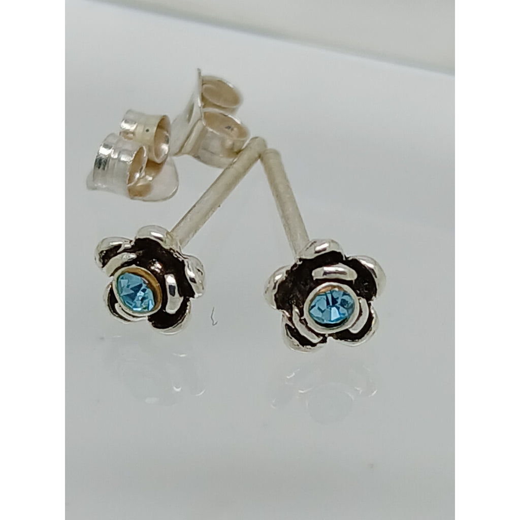 Vintage Estate Jewelry NOS .925 Sterling Silver Sky Blue Rose Crystal Earrings - HoneyThomas.com