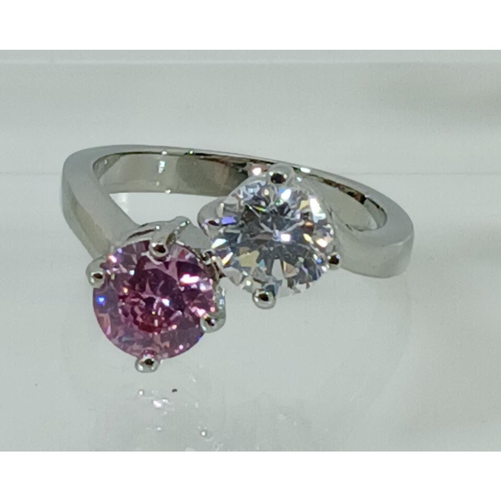 Vintage Size 6 Ring Pink Sim Diamond CZ Silver Tone White Gold GP Engagement