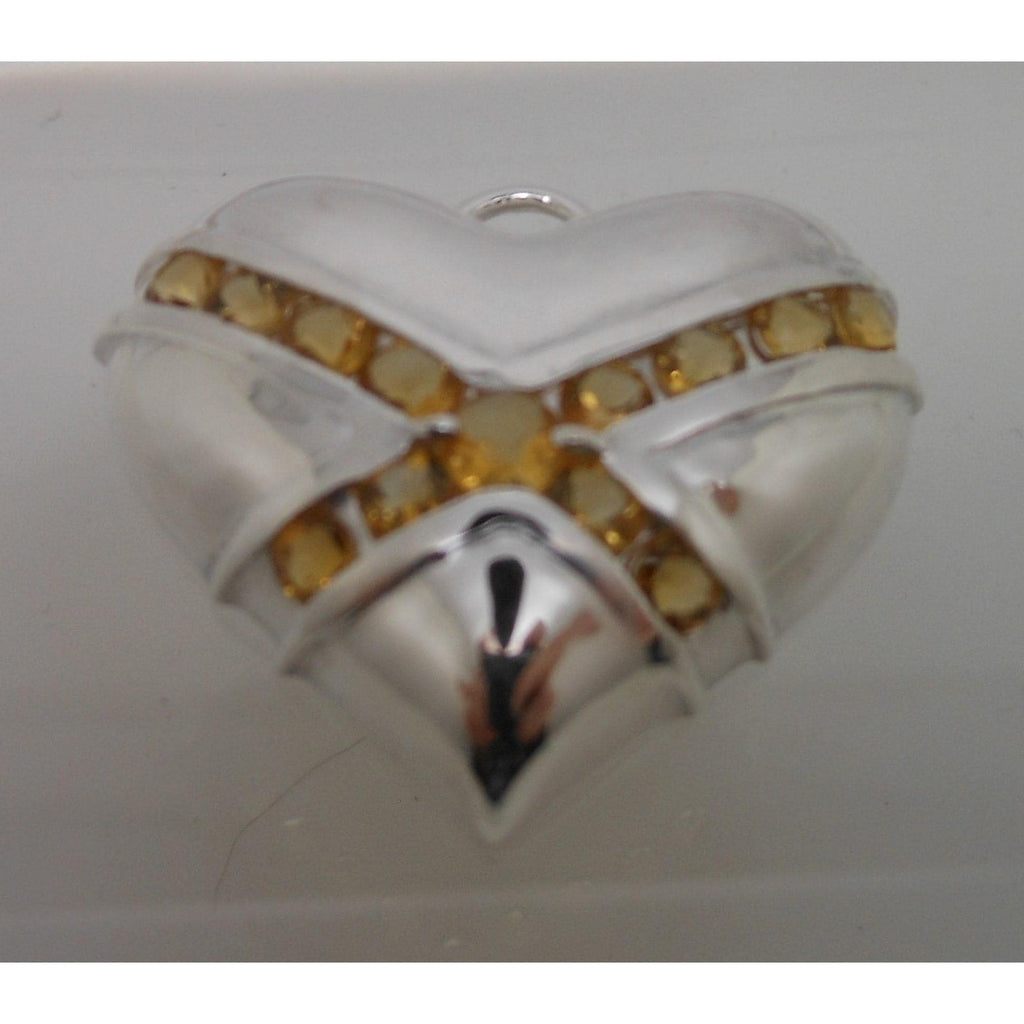 1990s Vintage Citrine Sterling Silver Gemstone Necklace Puff Heart Pendant Boxed - HoneyThomas.com