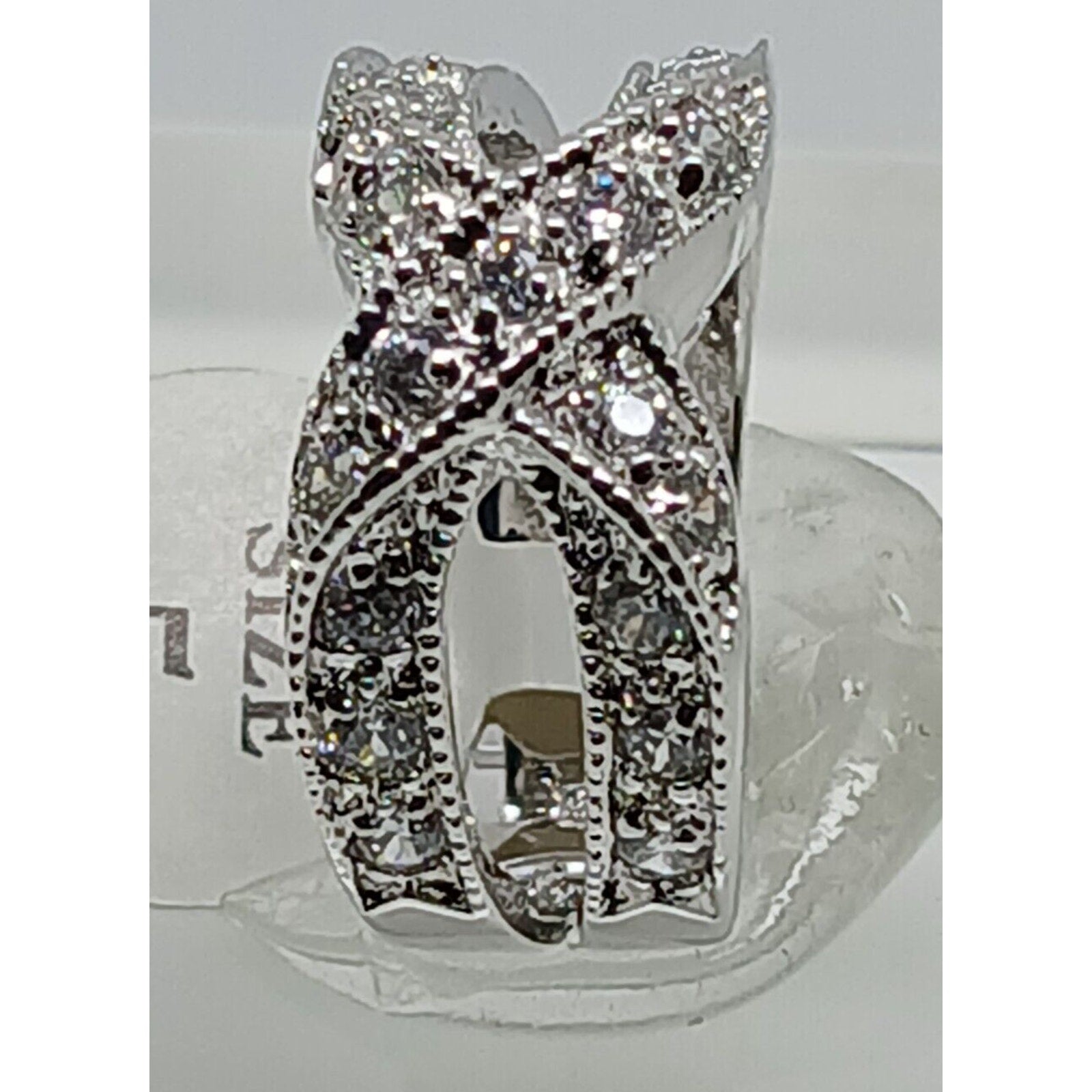 Elegant Vintage Jewelry Sterling Silver Cross-Over Simulated Diamond Ring Size 5 - HoneyThomas.com