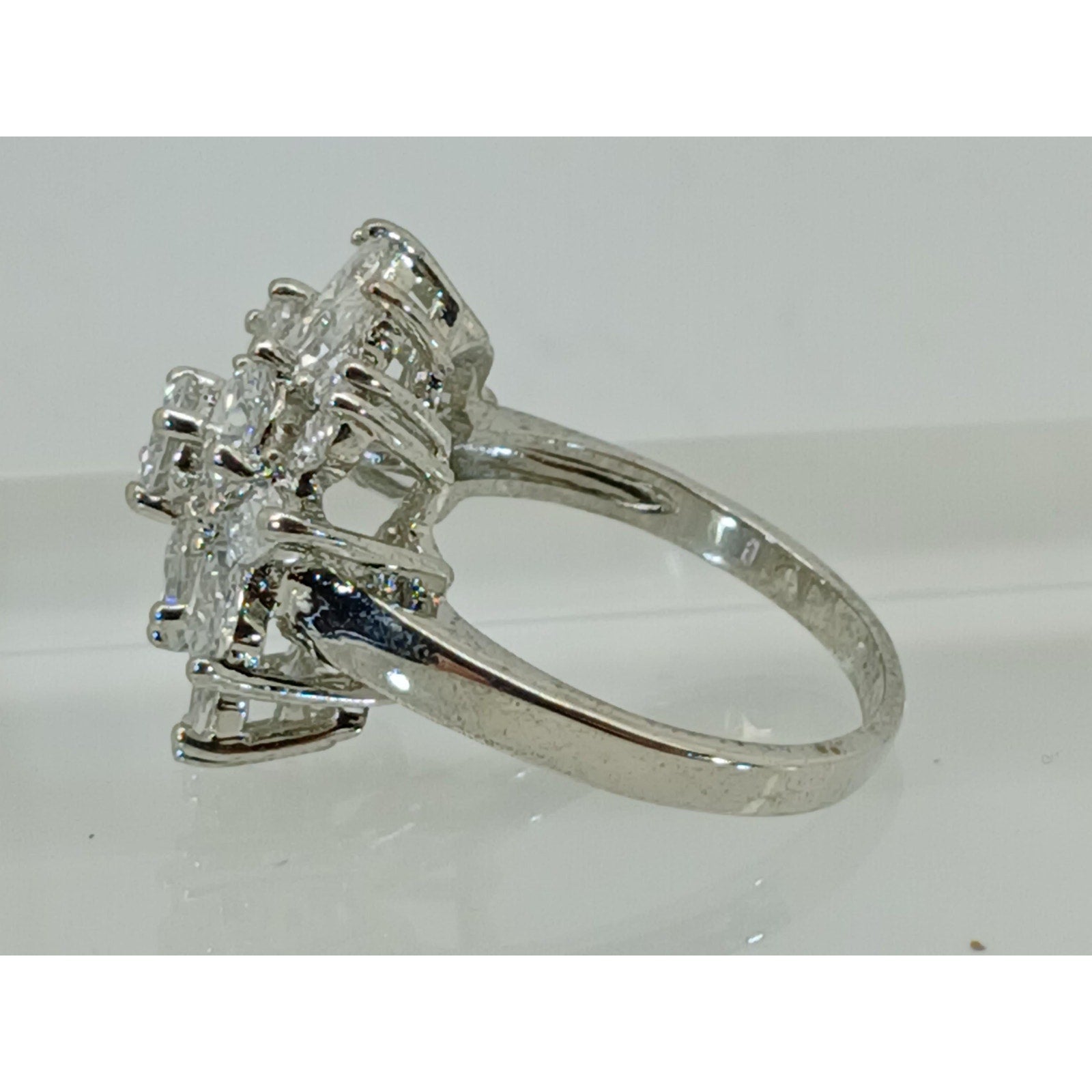 Vintage Ring Size 10 Silver Tone White Gold GP Sim Diamond CZ Cocktail NOS