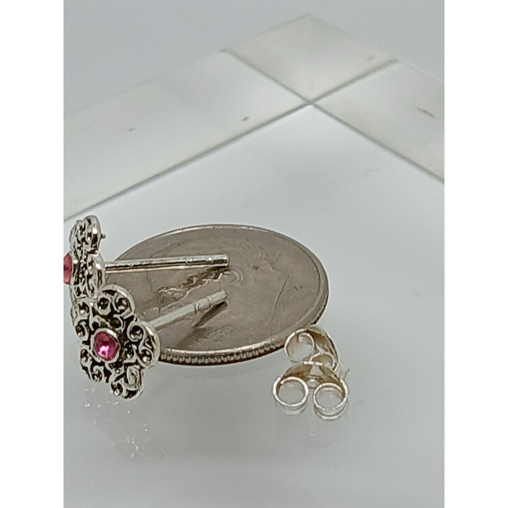 Vintage Estate Jewelry NOS .925 Sterling Silver Pink Crystal Flower Earrings - HoneyThomas.com