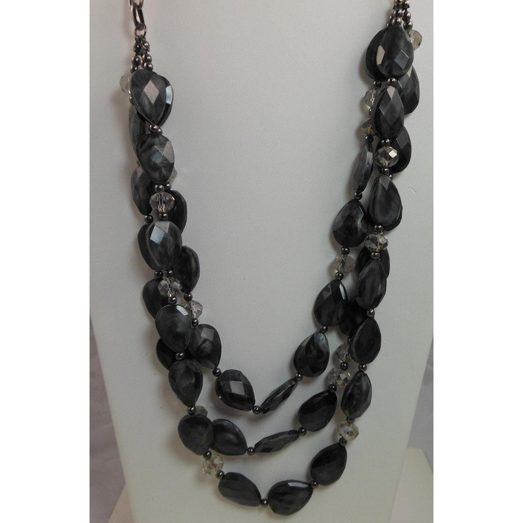 Vintage Three Strand Crystal Pendant Black Grey Necklace - Designer Signed - HoneyThomas.com