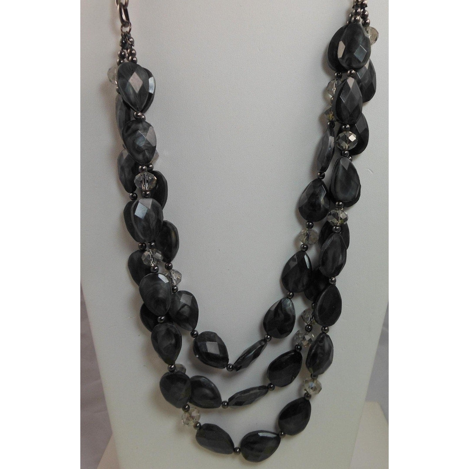 Vintage Three Strand Crystal Pendant Black Grey Necklace - Designer Signed - HoneyThomas.com