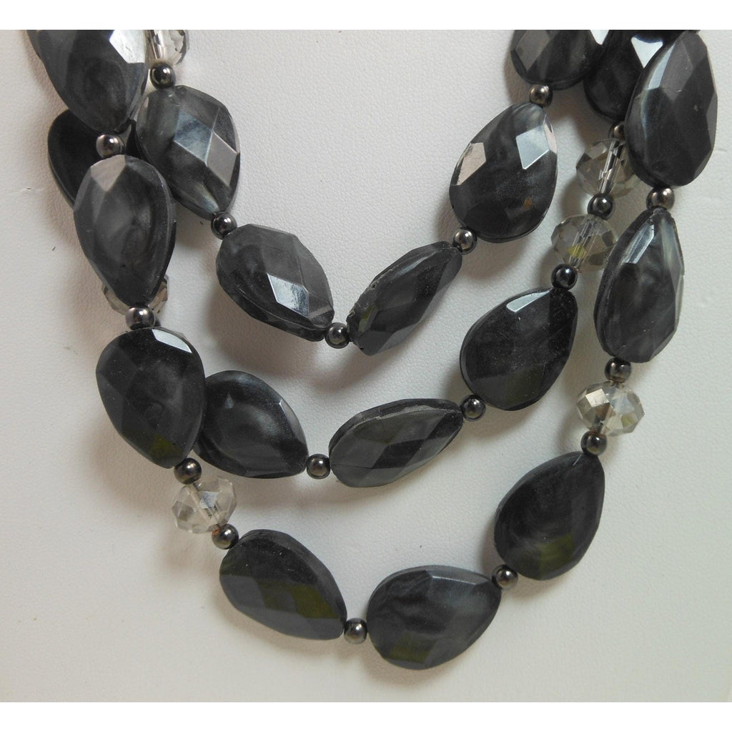 Vintage Three Strand Crystal Pendant Black Grey Necklace - Designer Signed - HoneyThomas.com