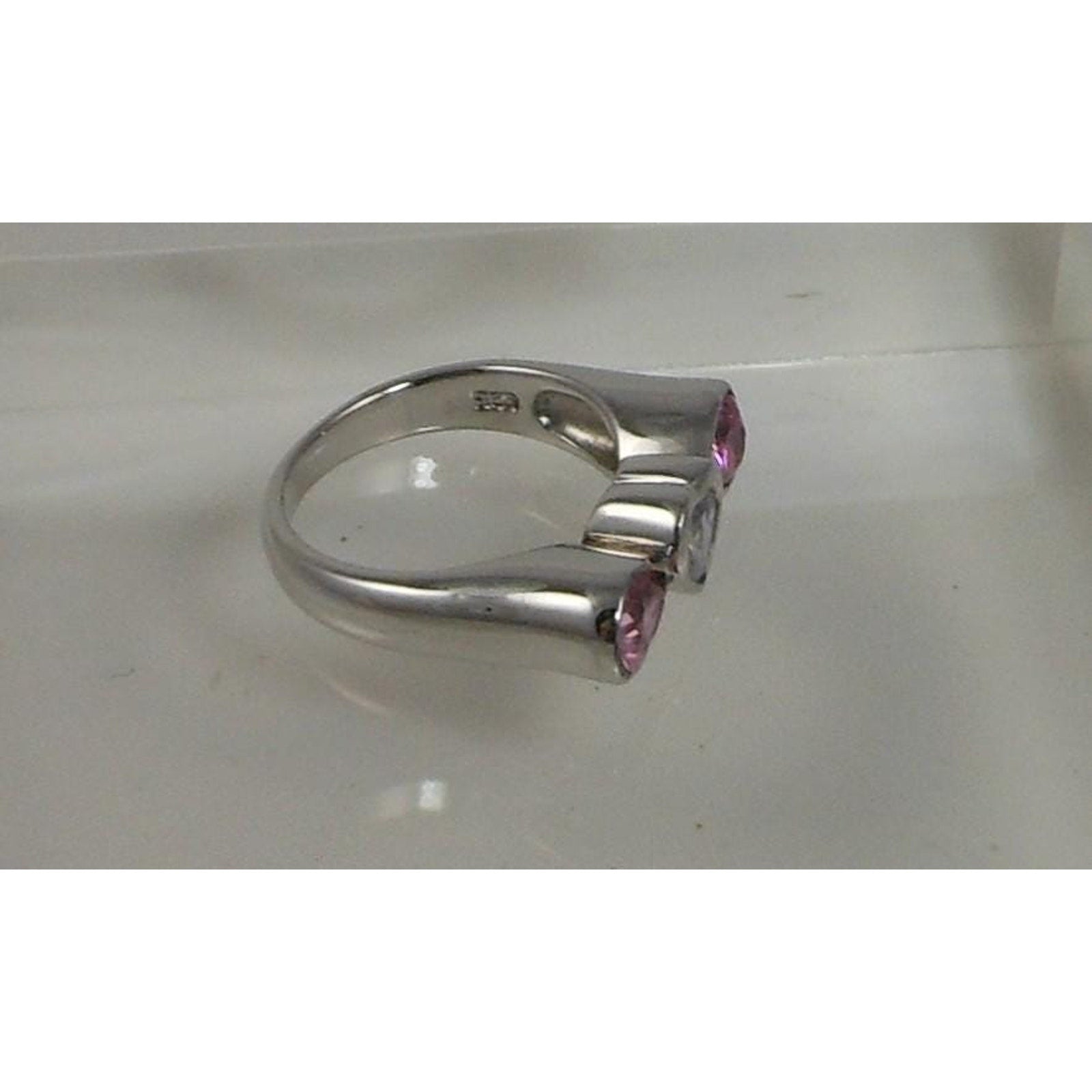 Vintage 1990s Sterling Silver Heart Ring Size 8.75 Pink Ice Simulated Diamond