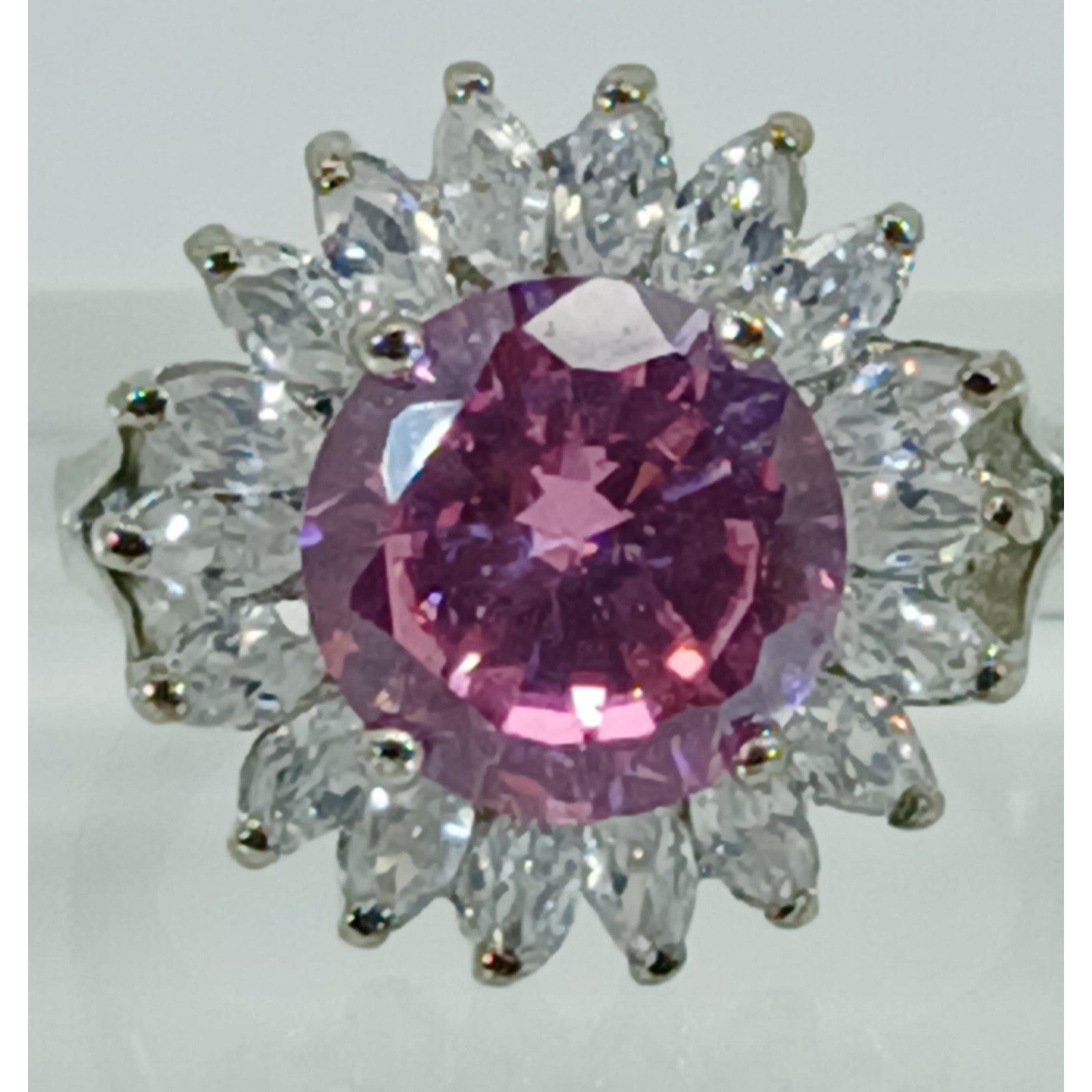 Vintage Ring Size 7.5 Silver Tone White Gold GP Pink CZ Cluster Cocktail NOS