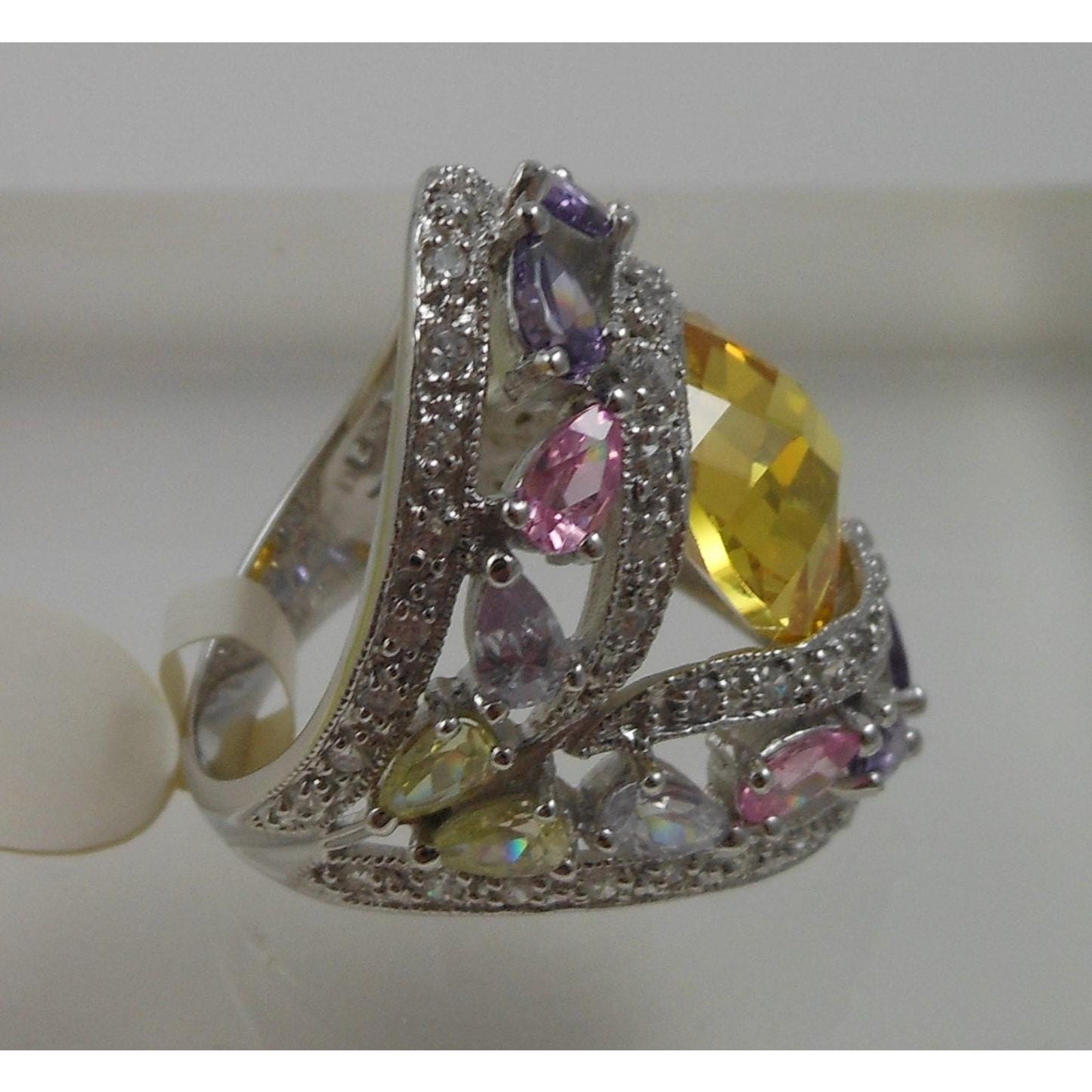 Vintage 1990's CZ Cocktail Ring Size 8 Simulated Canary Diamond Pink Sapphire