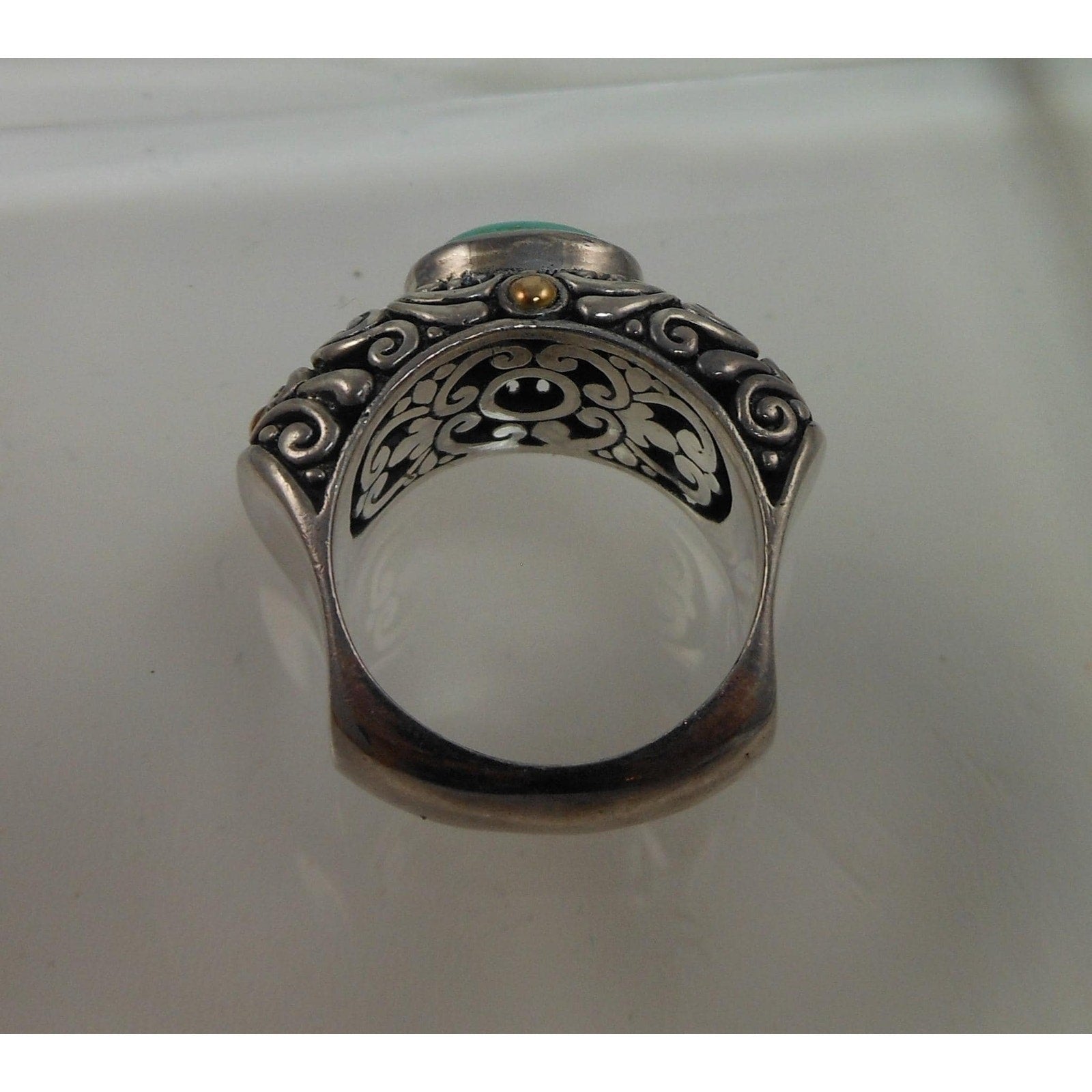 Elegant Vintage Turquoise Ring Sterling Silver 18K Gold Handmade Designer Size 8 - HoneyThomas.com