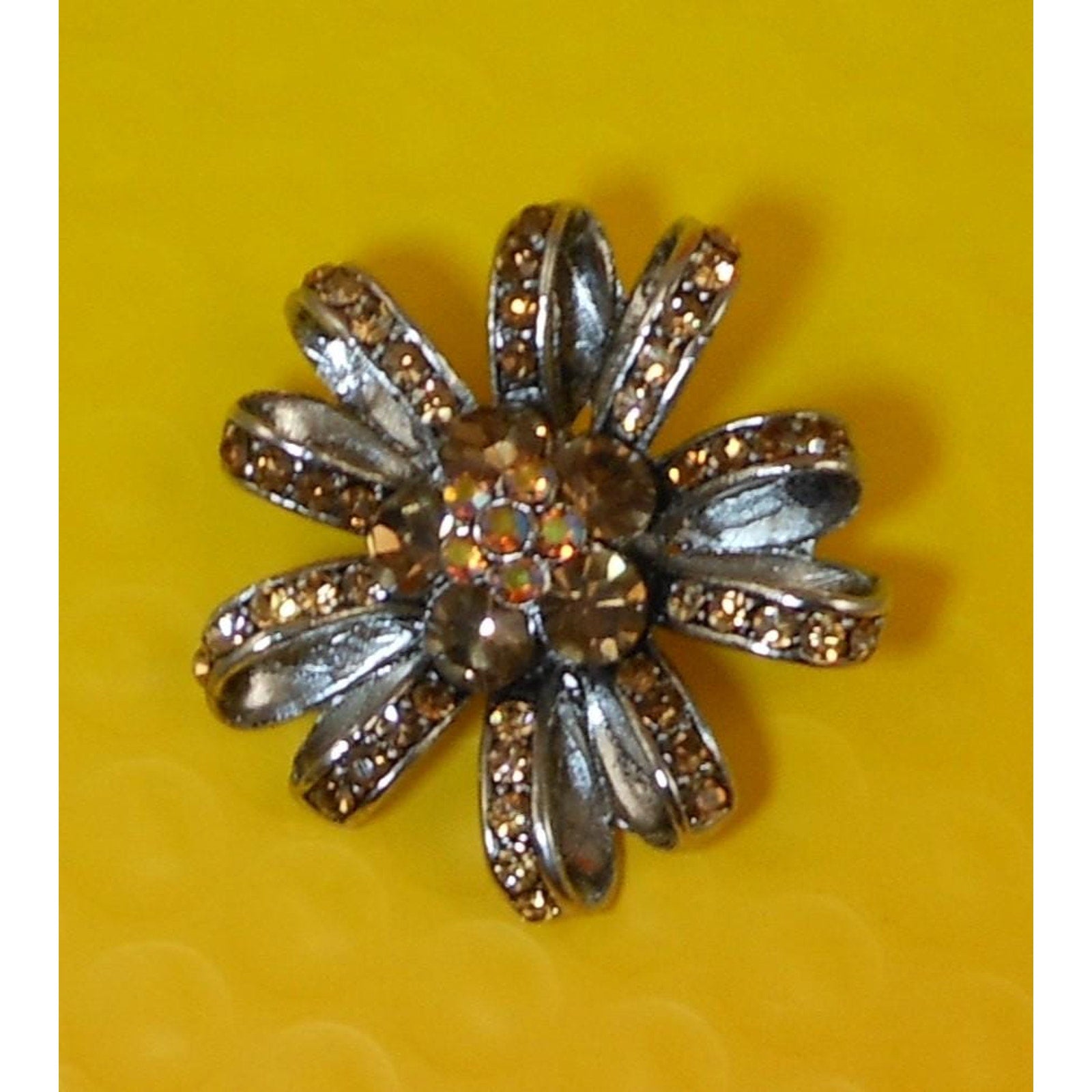 Vintage Amber Topaz AB Flower Ribbon Crystal Rhinestone Silver tone Pin Brooch