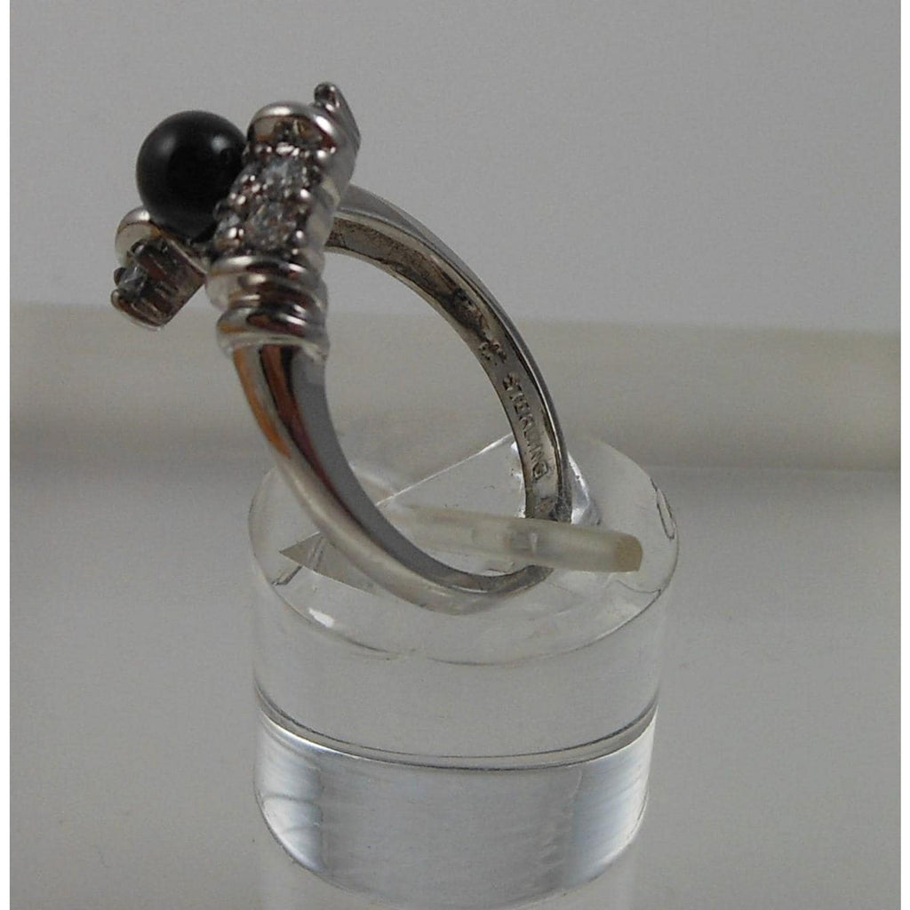 Vintage Black Onyx Bead Ring Sterling Silver 7.5 CZ Accent Bypass Band Thailand - HoneyThomas.com