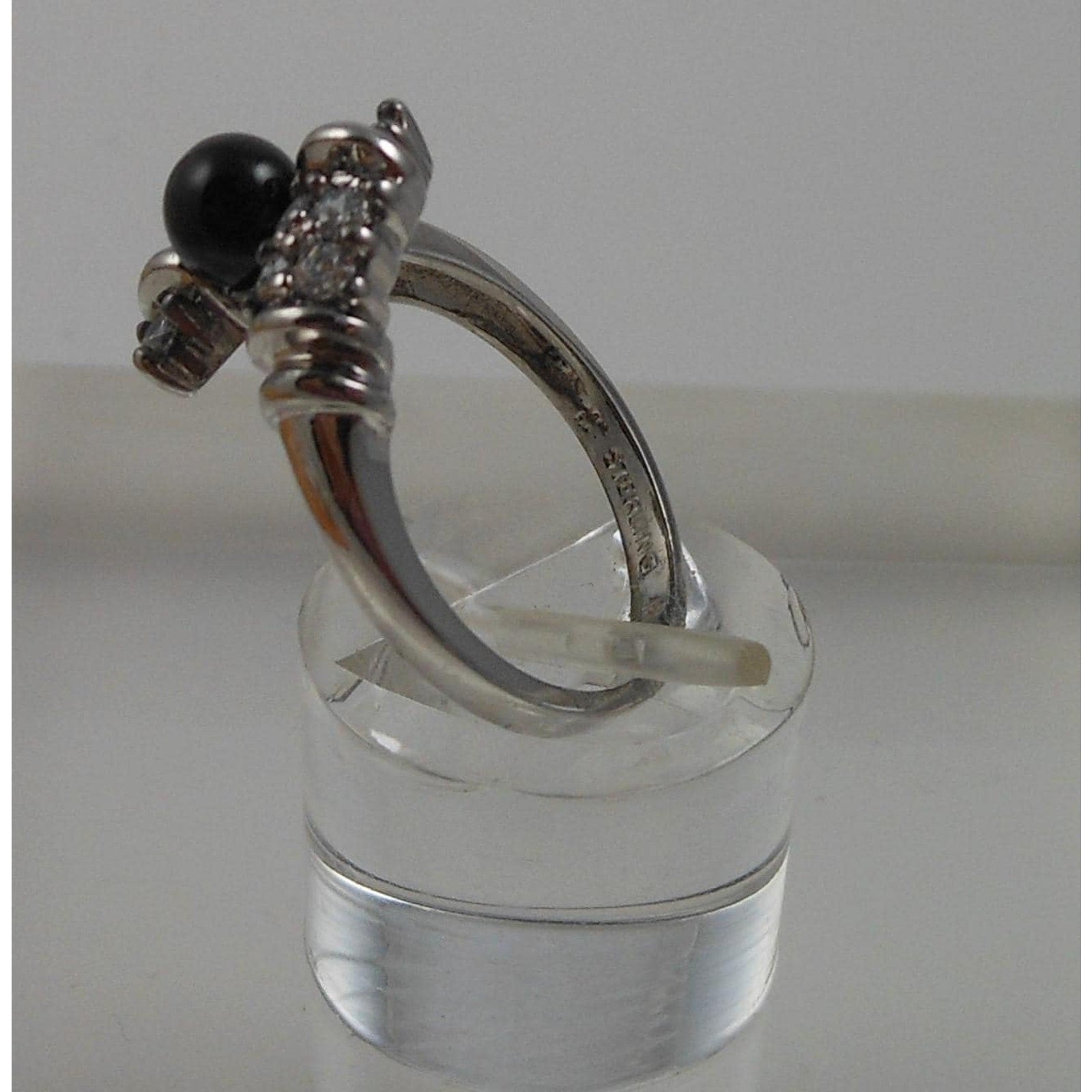 Vintage Black Onyx Bead Ring Sterling Silver 7.5 CZ Accent Bypass Band Thailand - HoneyThomas.com