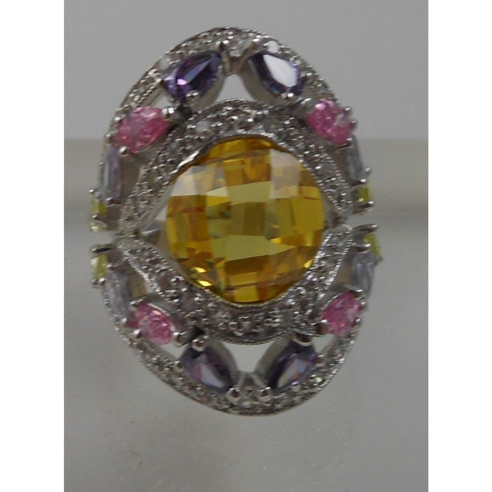 Vintage 1990's CZ Cocktail Statement Ring Simulated Canary Diamond Pink Sapphire - HoneyThomas.com