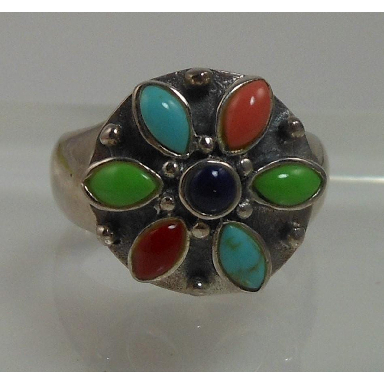 Vintage Designer Sterling Silver Turquoise Coral Garnet Ring - Size 7.75 - HoneyThomas.com