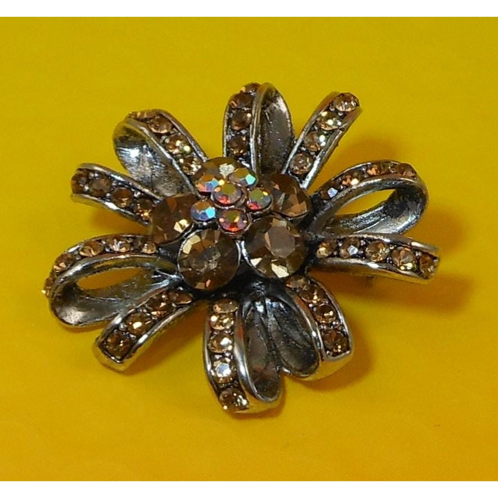Vintage Amber Topaz AB Flower Ribbon Crystal Rhinestone Silver tone Pin Brooch