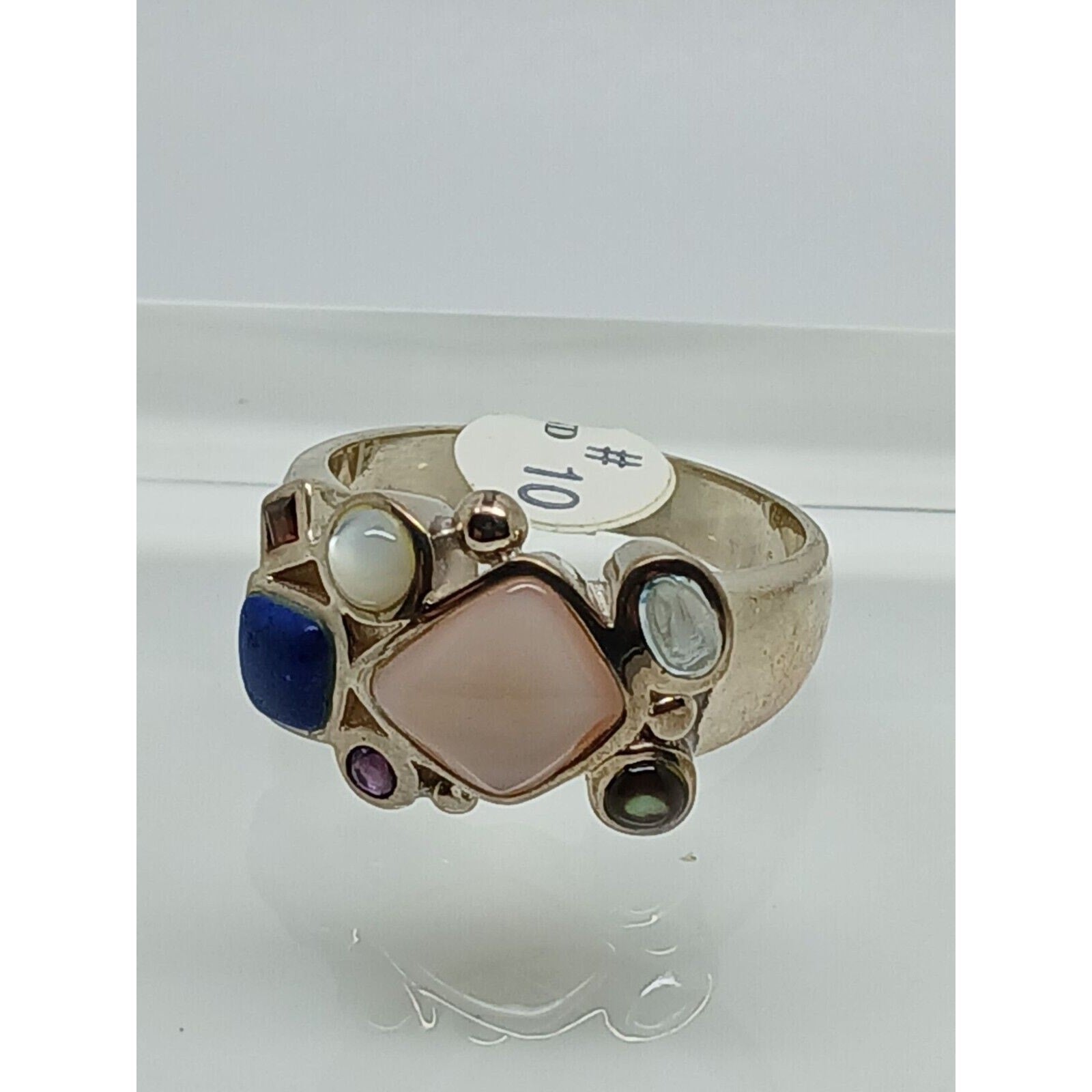 Vintage 1990's Sterling Silver Gemstone Ring Size 10 Lapis MOP Amethyst Topaz - HoneyThomas.com
