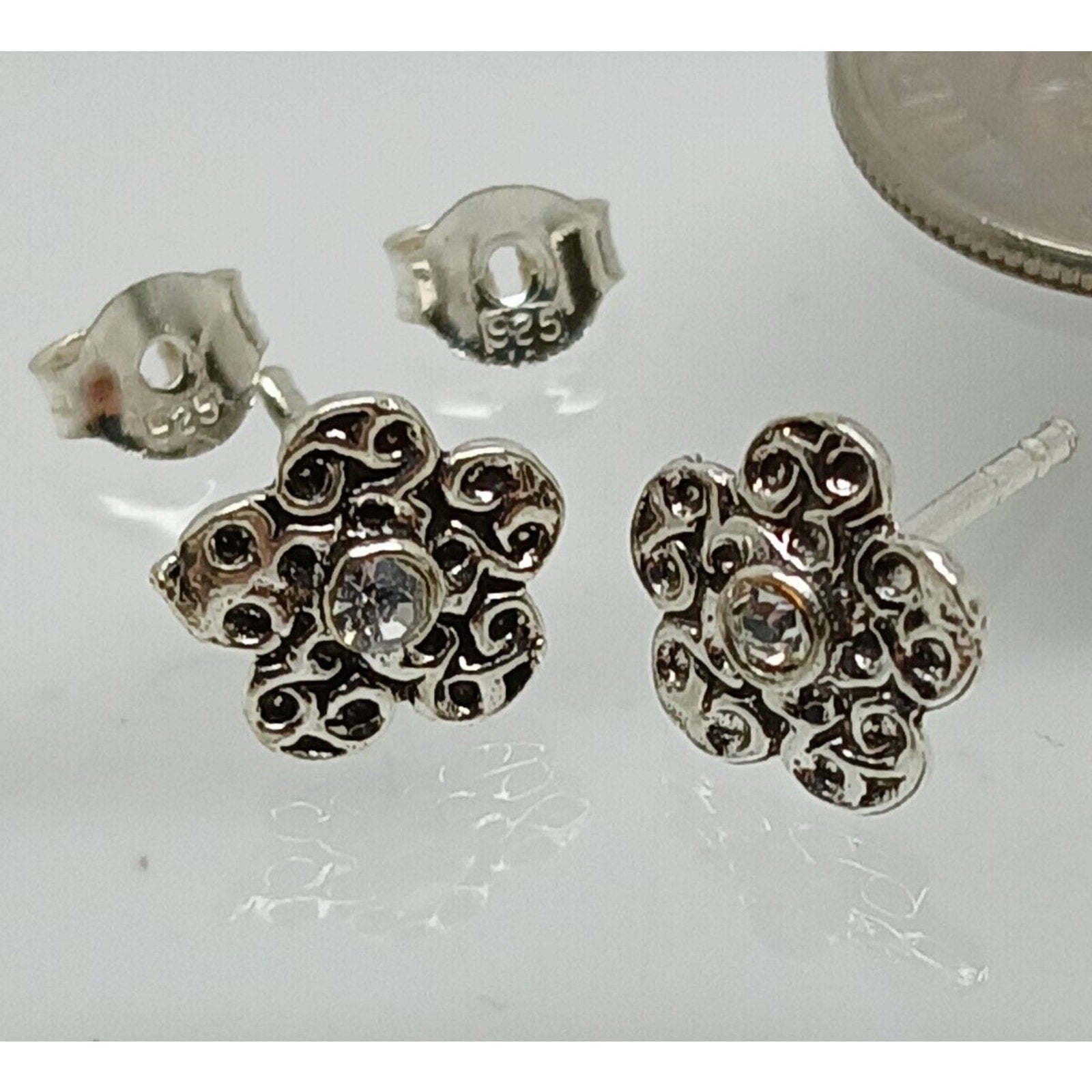 Vintage 1990's Jewelry NOS .925 Sterling Silver Clear AB Crystal Flower Earrings - HoneyThomas.com