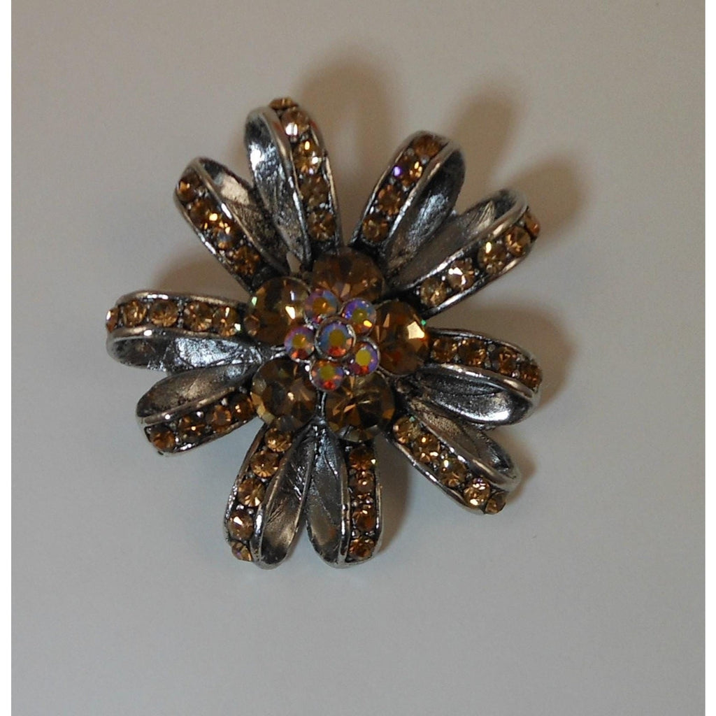 Vintage Amber Topaz AB Flower Ribbon Crystal Rhinestone Silver tone Pin Brooch - HoneyThomas.com