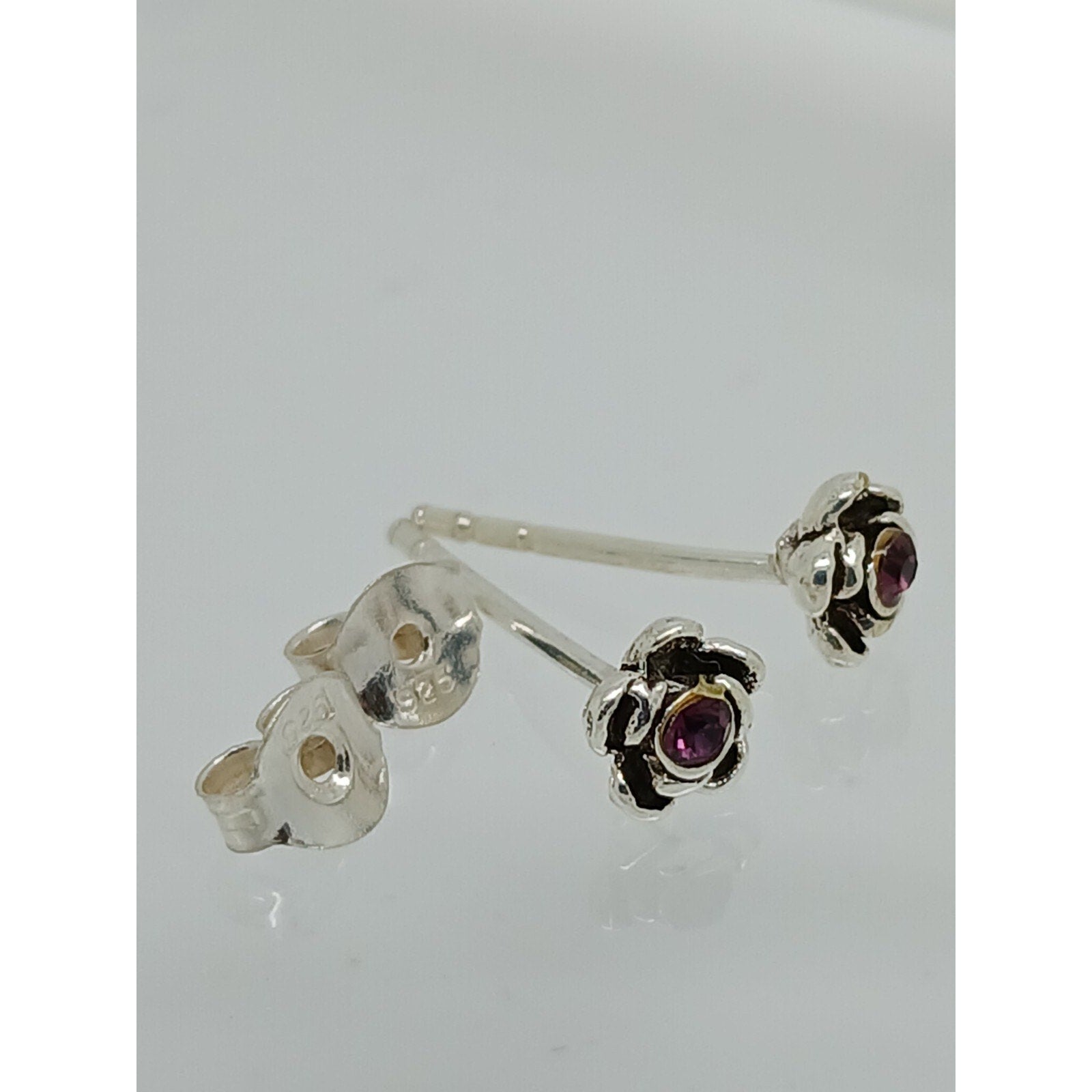 Vintage Estate Jewelry NOS .925 Sterling Silver Purple Rose Crystal Earrings - HoneyThomas.com