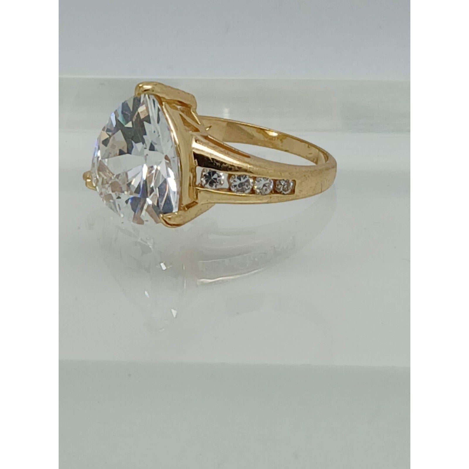 1990's Vintage Bold Trilliant Cut 8 CT Gold HGE CZ Sim Diamond Ring Size 7 Rare - HoneyThomas.com