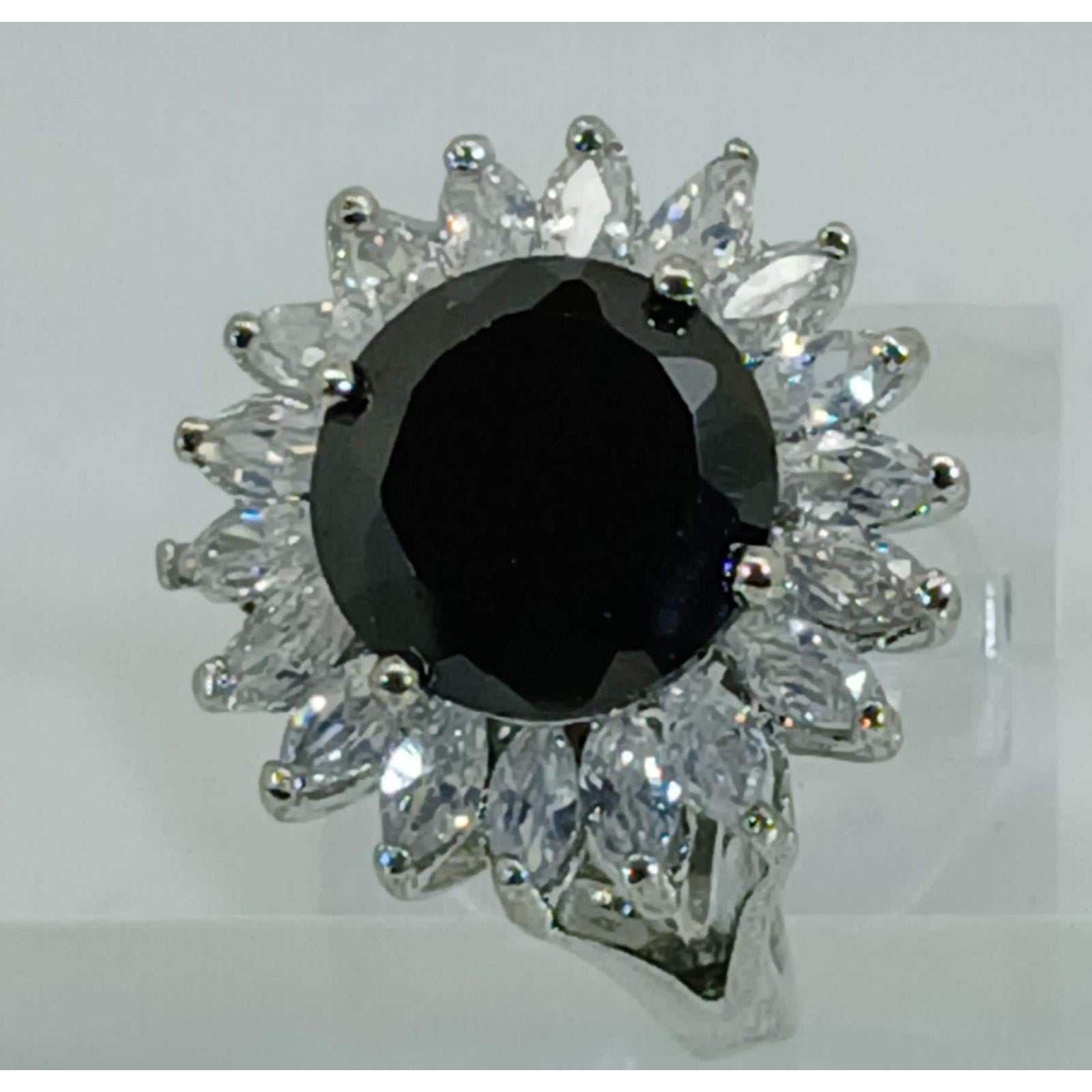 Vintage Ring Size 6.25 Silver Tone White Gold GP Black CZ Cluster Cocktail NOS - HoneyThomas.com