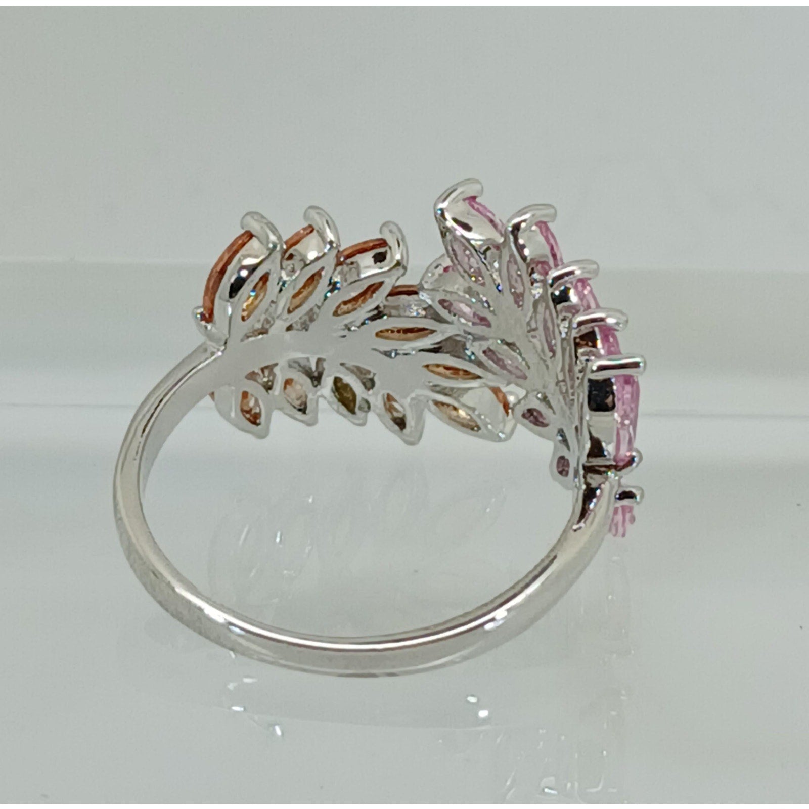 Vintage Ring Size 9.5 Silver Tone White Gold GP Pink Champagne Amber CZ Spray Cocktail