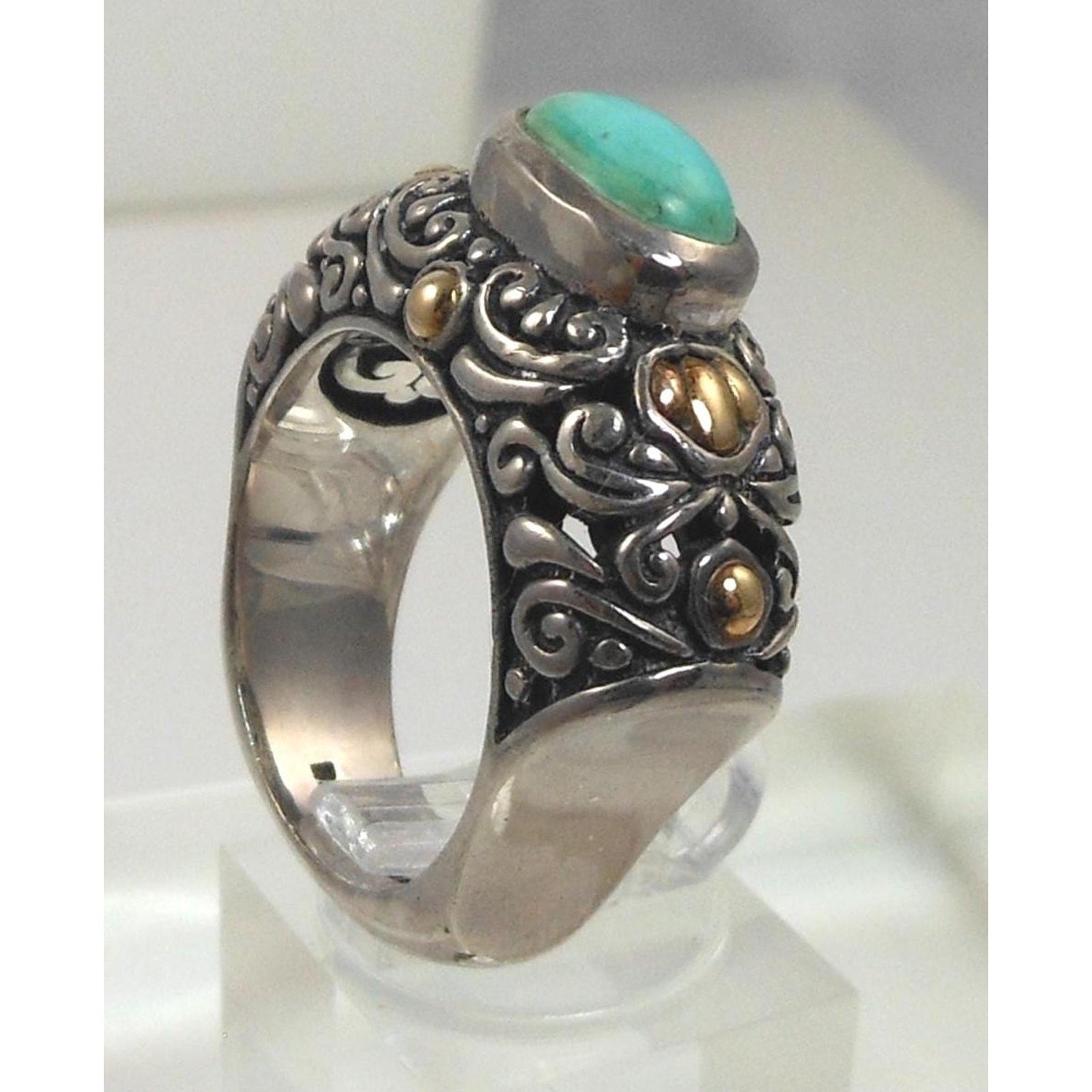 Elegant Vintage Turquoise Ring Sterling Silver 18K Gold Handmade Designer Size 8 - HoneyThomas.com