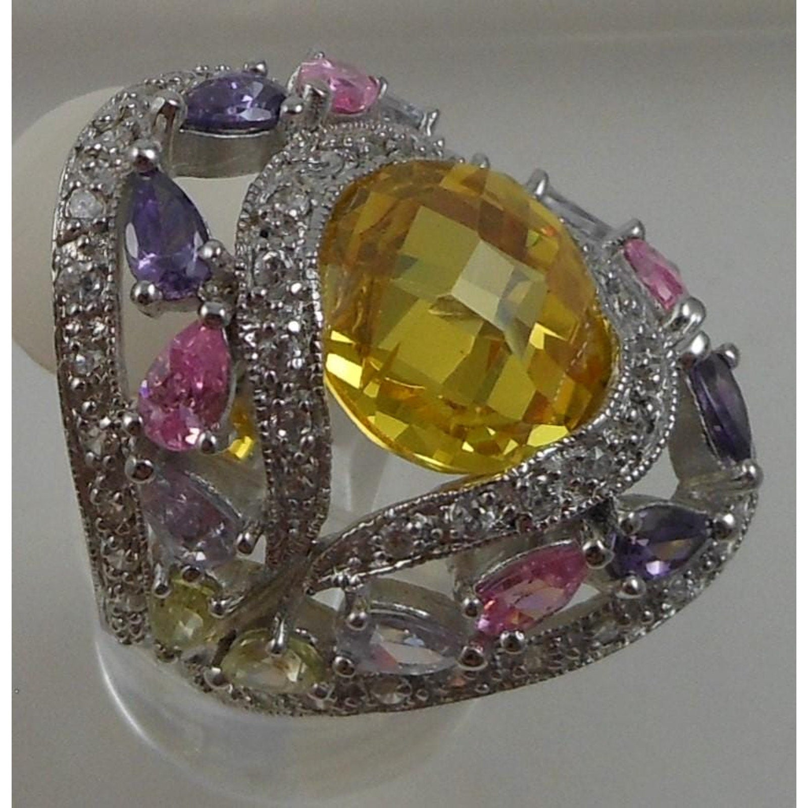 Vintage 1990's CZ Cocktail Ring Size 8 Simulated Canary Diamond Pink Sapphire