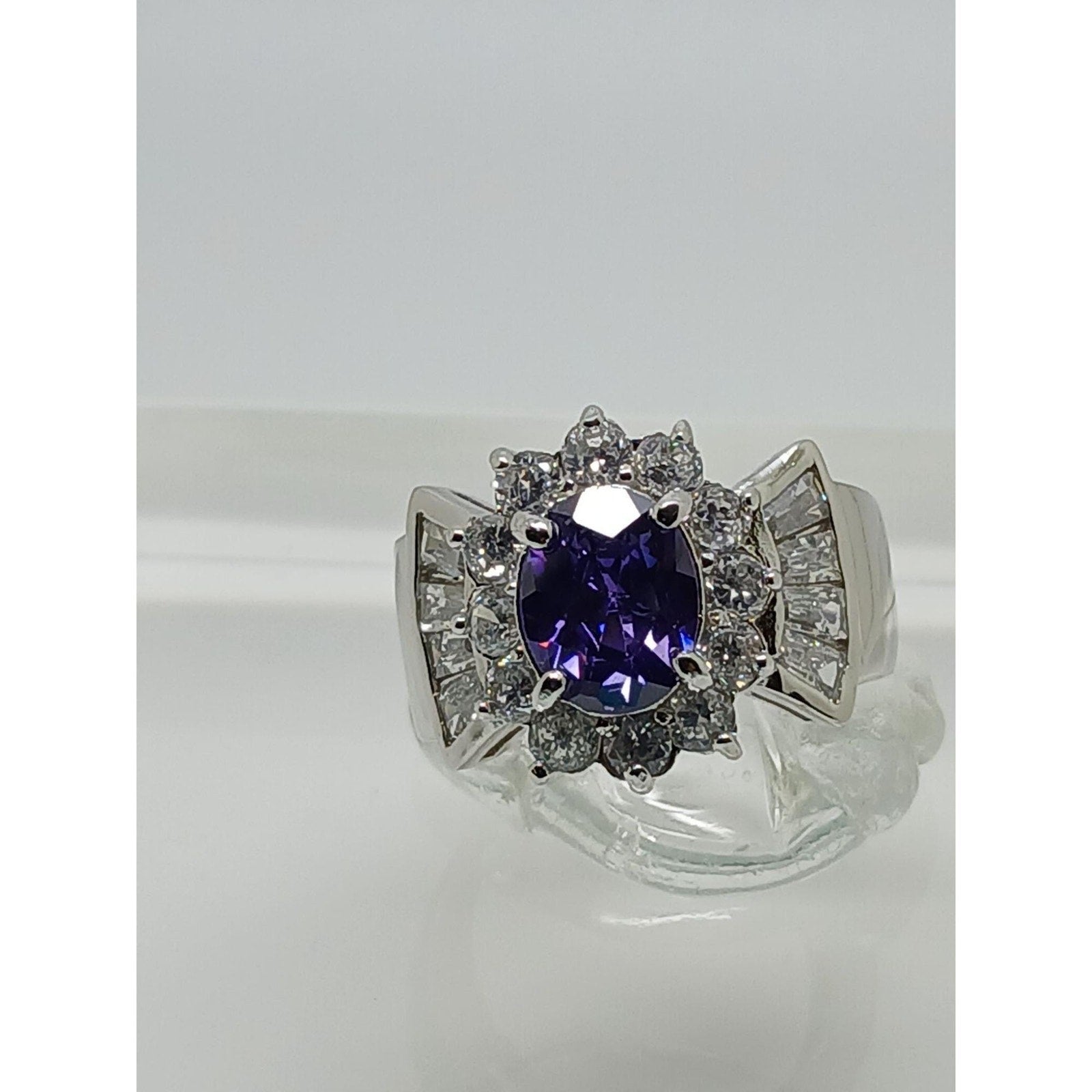Dramatic Glam 1990's Vintage Sterling Silver Ring Simulated Amethyst CZ Size 6.5 - HoneyThomas.com
