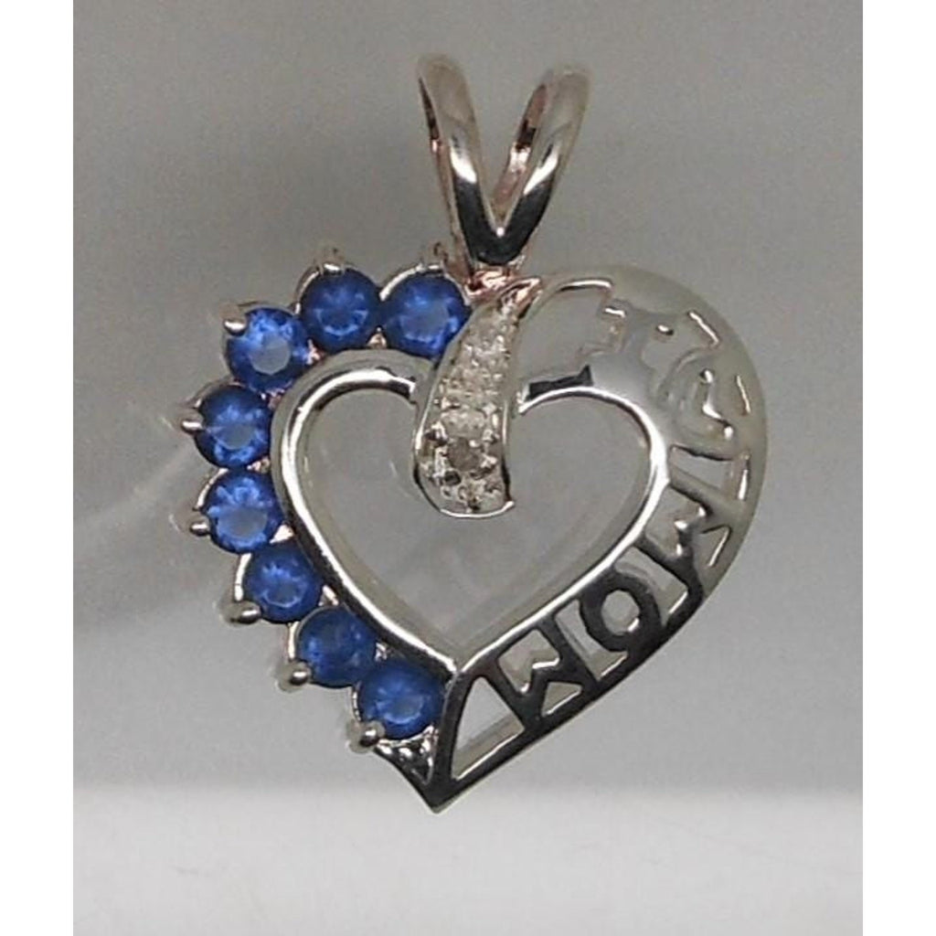 Vintage 1990's Beautiful Sterling Silver I Love Mom Necklace Pendant Sapphire CZ - HoneyThomas.com