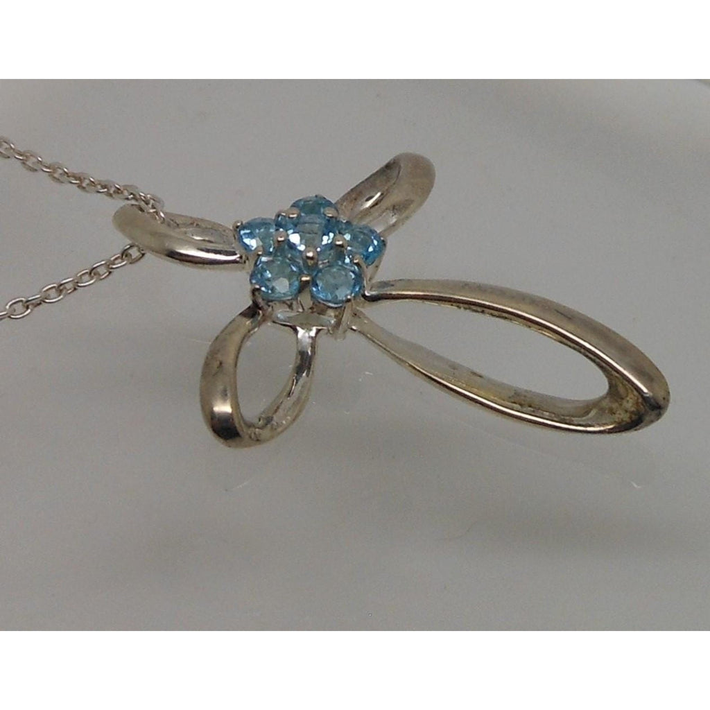 Vintage Sterling Silver Blue Topaz Flower Slide Cross Pendant Necklace Chain - HoneyThomas.com
