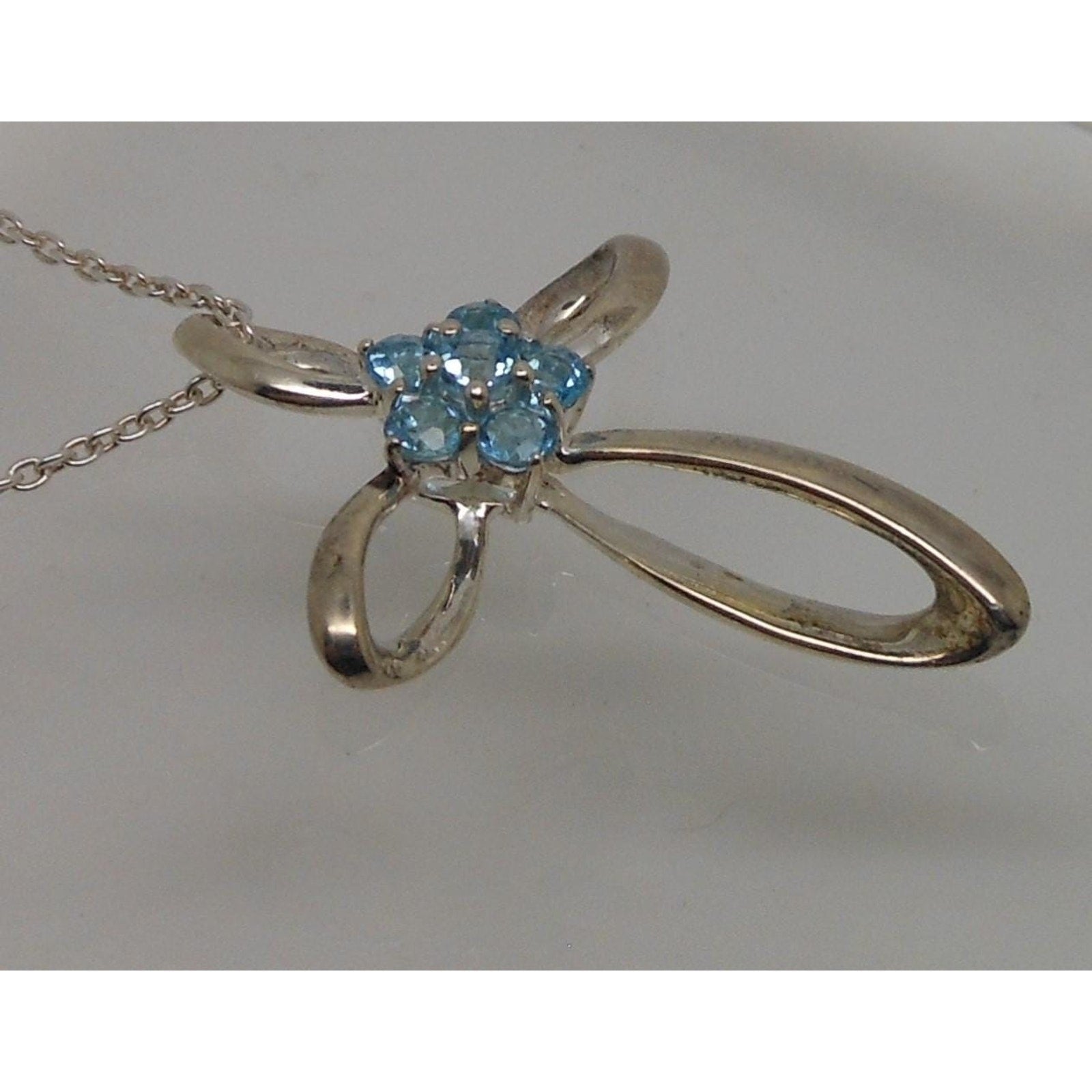 Vintage Sterling Silver Blue Topaz Flower Slide Cross Pendant Necklace Chain - HoneyThomas.com