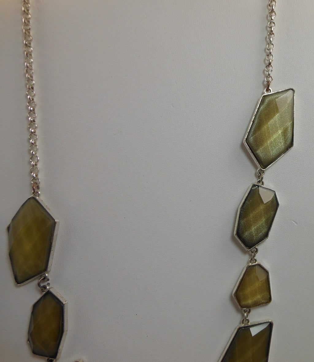 Green Geometric Link Pendant Necklace: Designer Signed NY, 36" Statement Jewelry