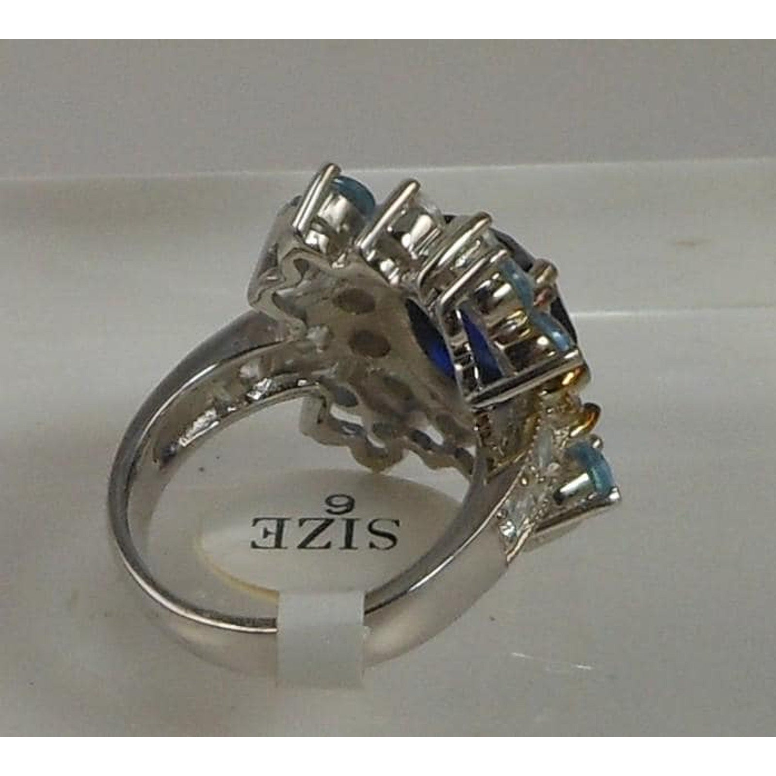 Sterling Silver Cocktail Ring Simulated Diamond Sapphire Topaz CZ Vintage Size 6