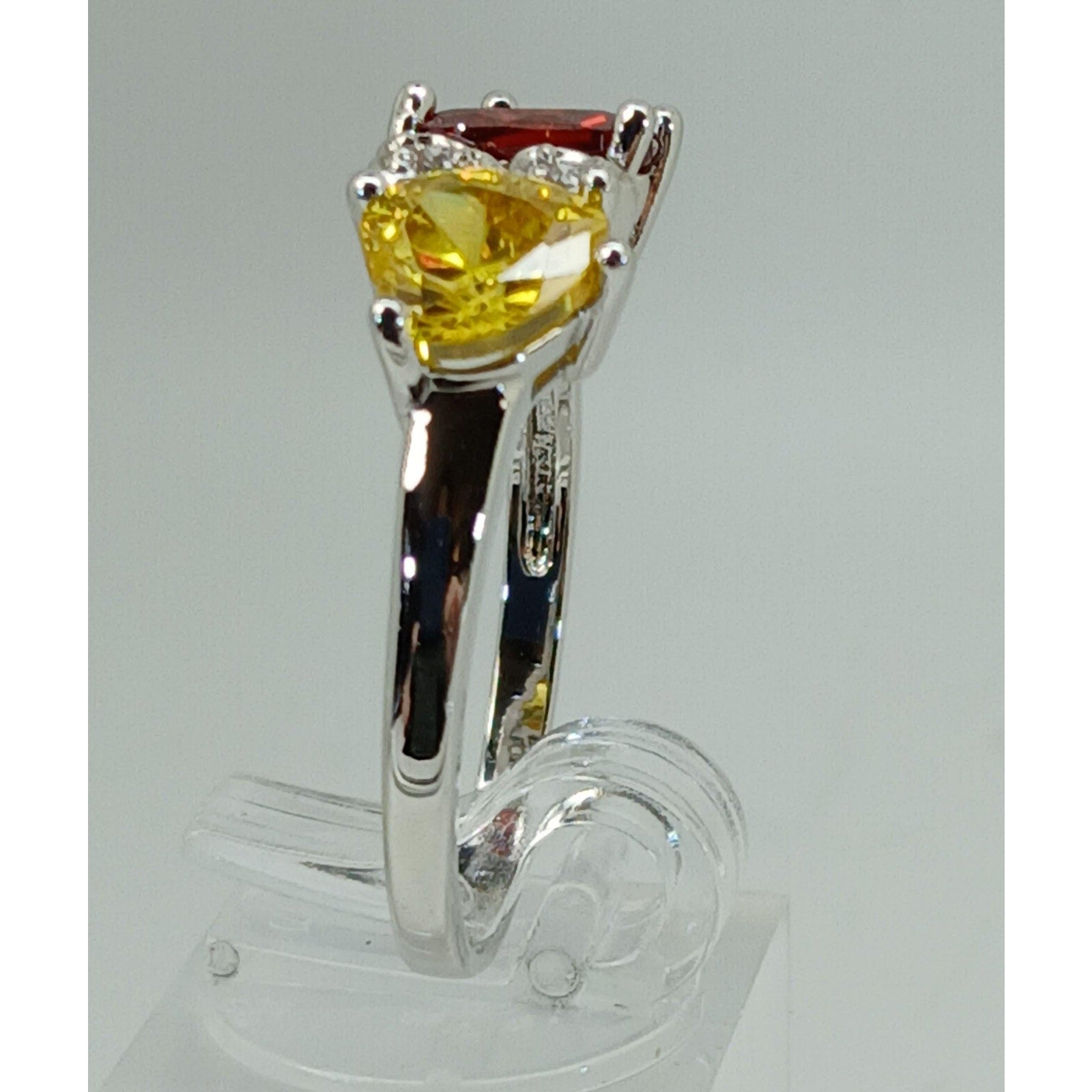 Vintage Ring Size 10.5 Silver Tone White Gold Plated Purple Yellow CZ Hearts