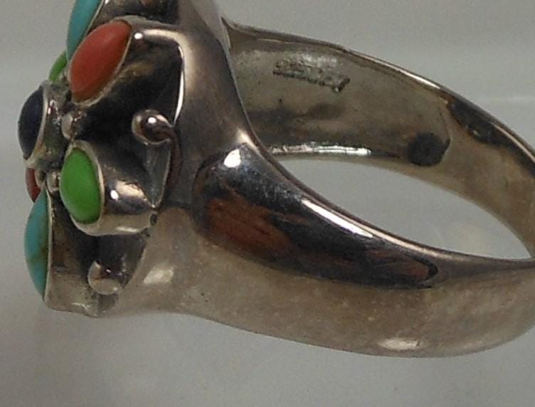 Vintage Designer Sterling Silver Turquoise Coral Garnet Ring - Size 7.75