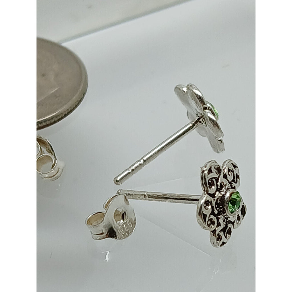 Vintage Estate Jewelry NOS .925 Sterling Silver Green Crystal Flower Earrings - HoneyThomas.com
